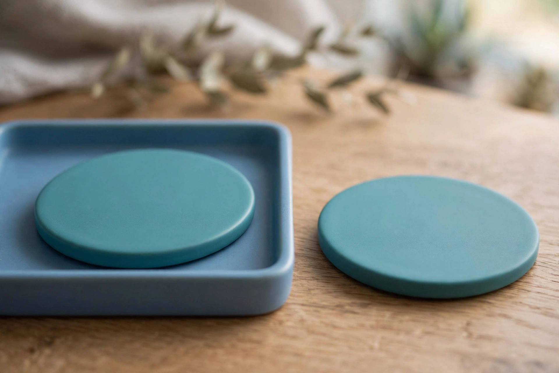 Two identical teal discs are shown on a wooden surface, with one disc placed inside a blue tray and the other disc placed separately outside the tray.