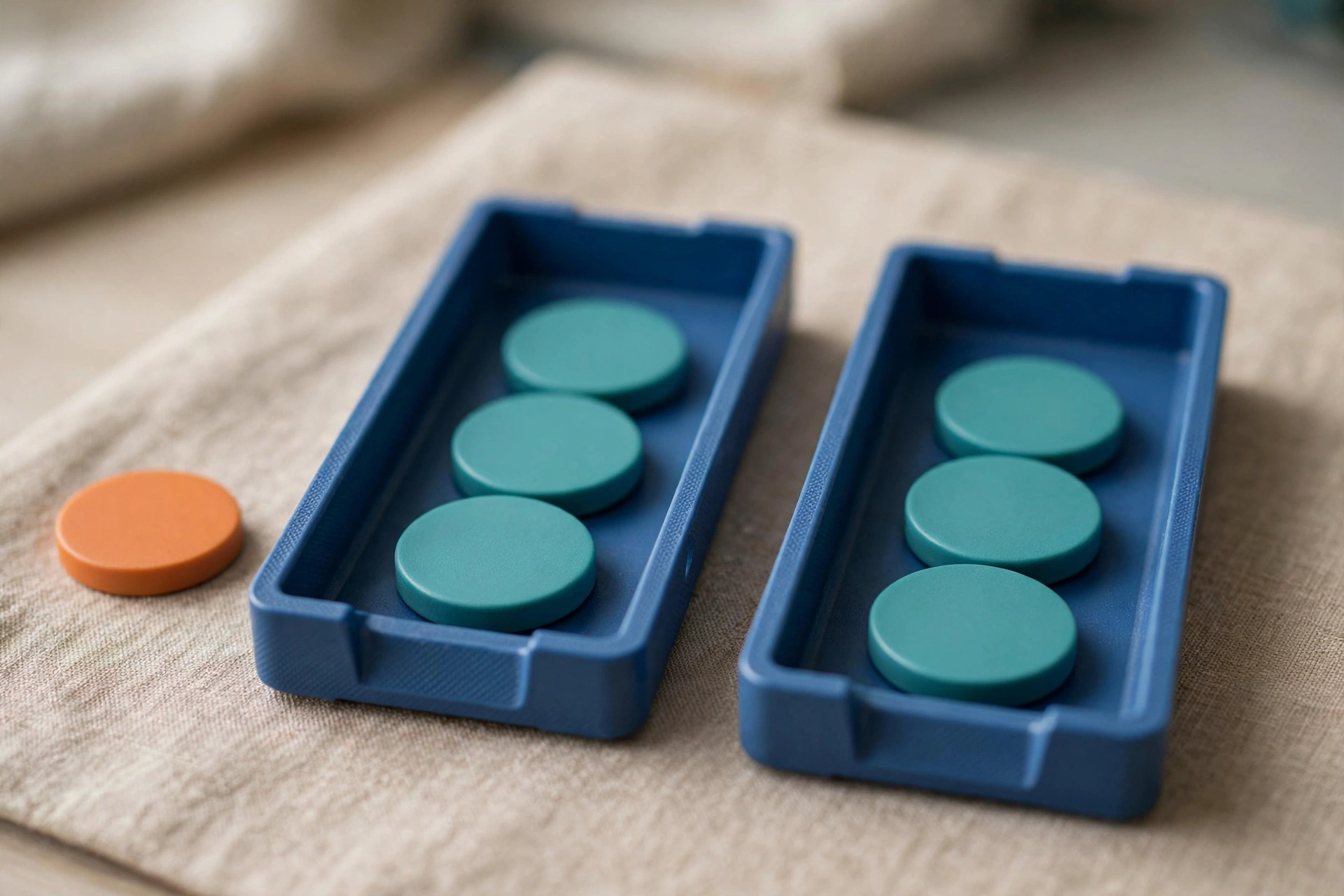 Two blue sorting trays hold teal tokens, with an orange token placed beside one tray on a textured surface.