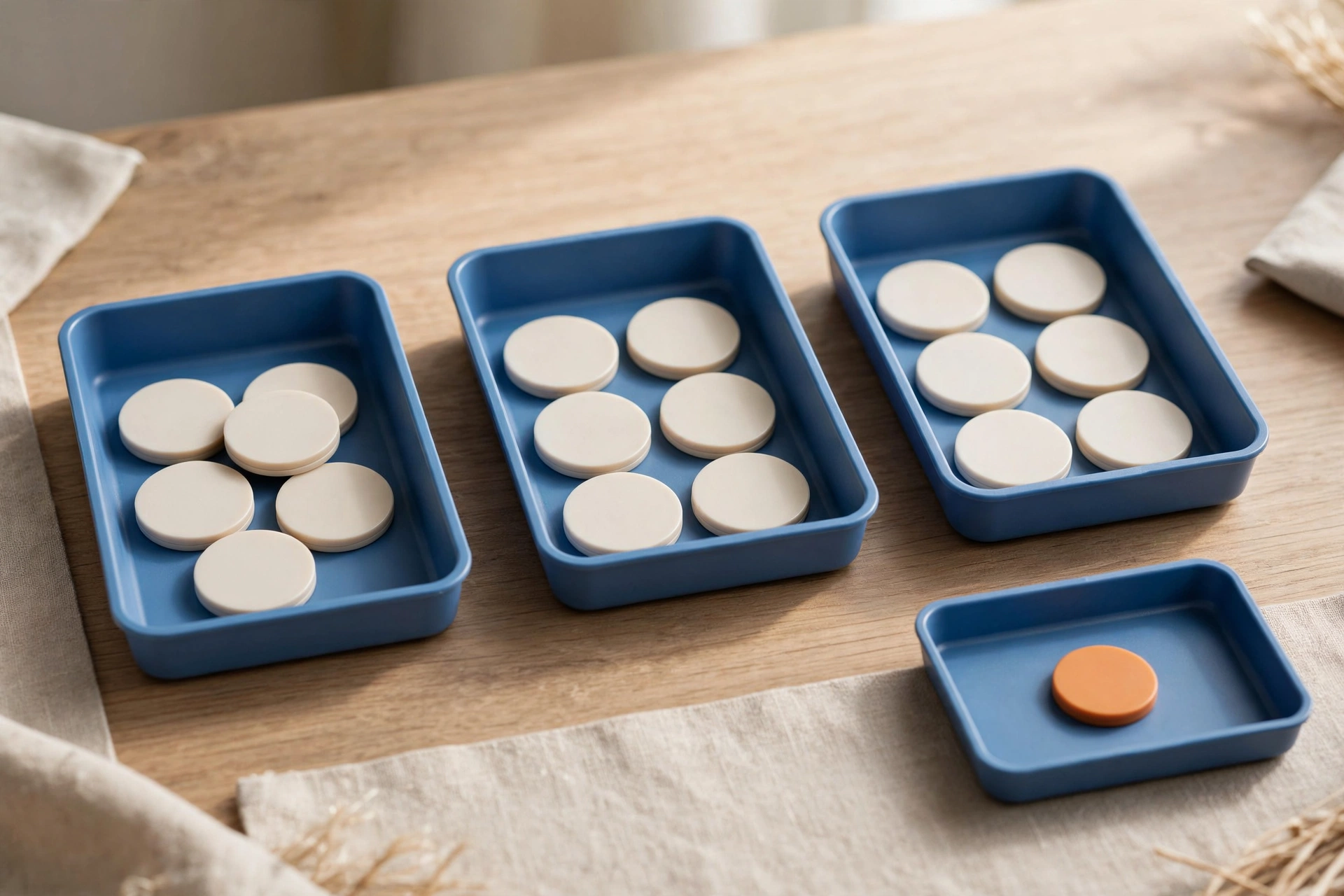 Three blue sorting trays hold white tokens, and a fourth blue tray holds a single orange token on a wooden surface.