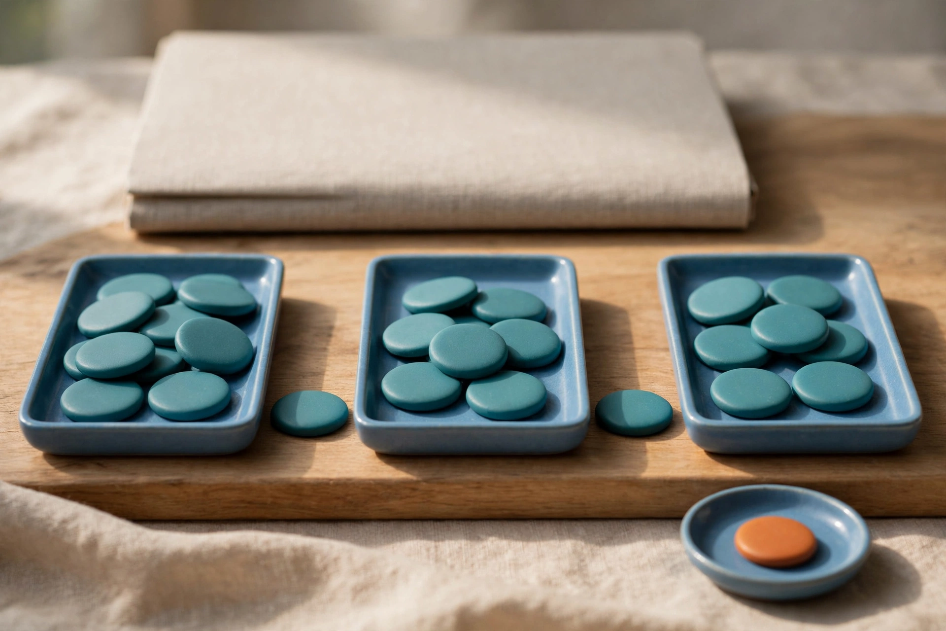 Three blue trays with teal tokens are arranged left to right, with a separate small blue dish holding one orange token.