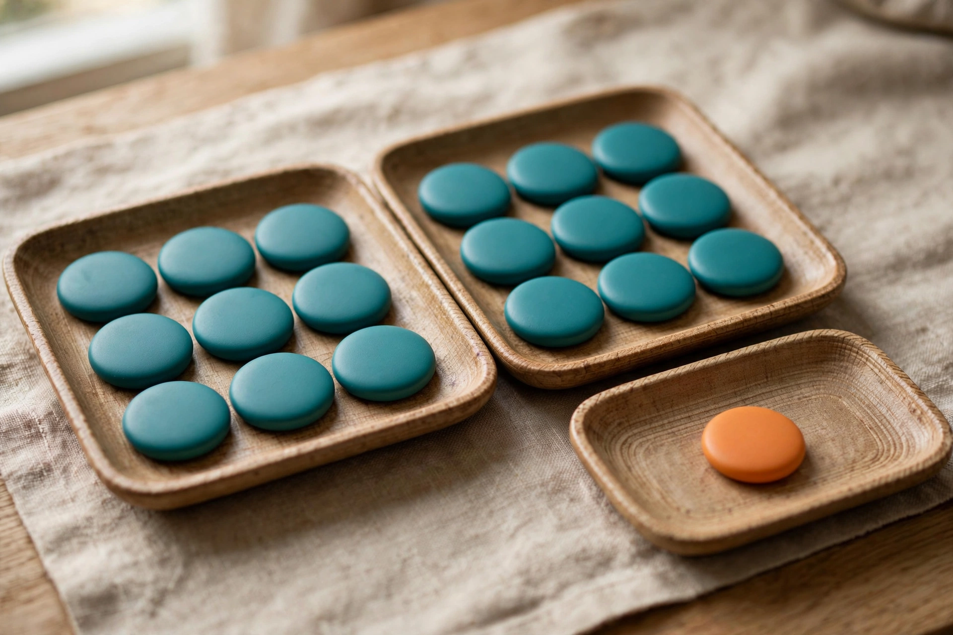 Two wooden trays hold rows of teal tokens, with a third tray holding a single orange token, arranged on a neutral cloth.