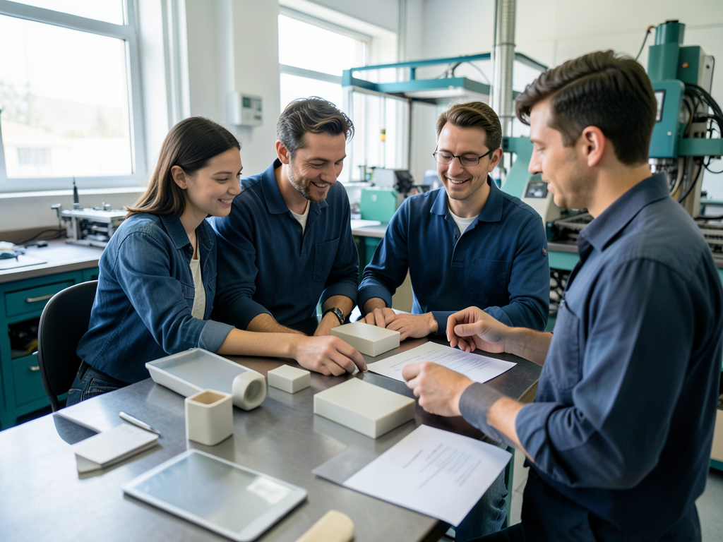 Four smiling manufacturing professionals discuss parts and documents at a table in a clean assembly station with machinery in the background.