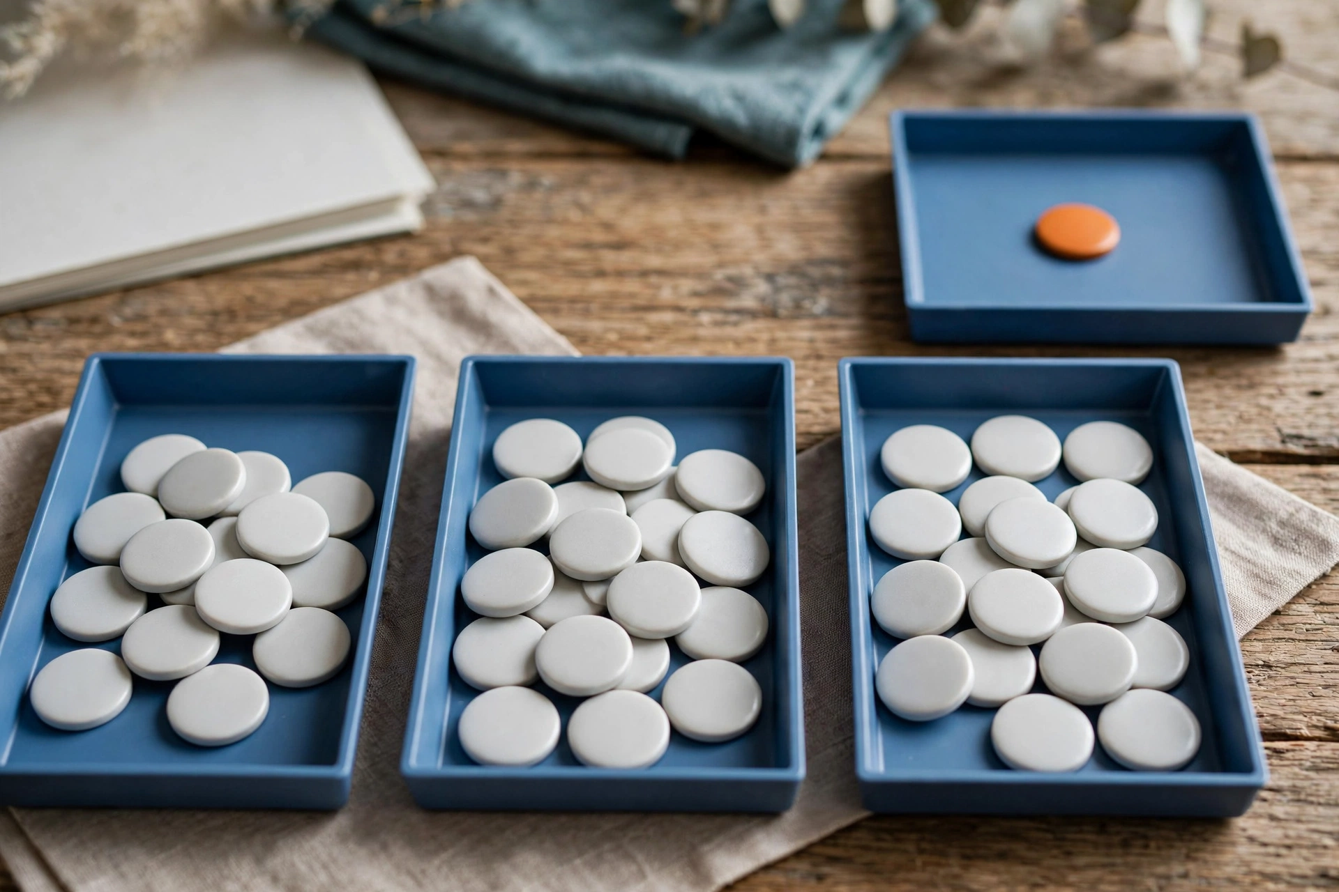 Three blue sorting trays hold white tokens, with a fourth blue tray containing a single orange token on a wooden surface.