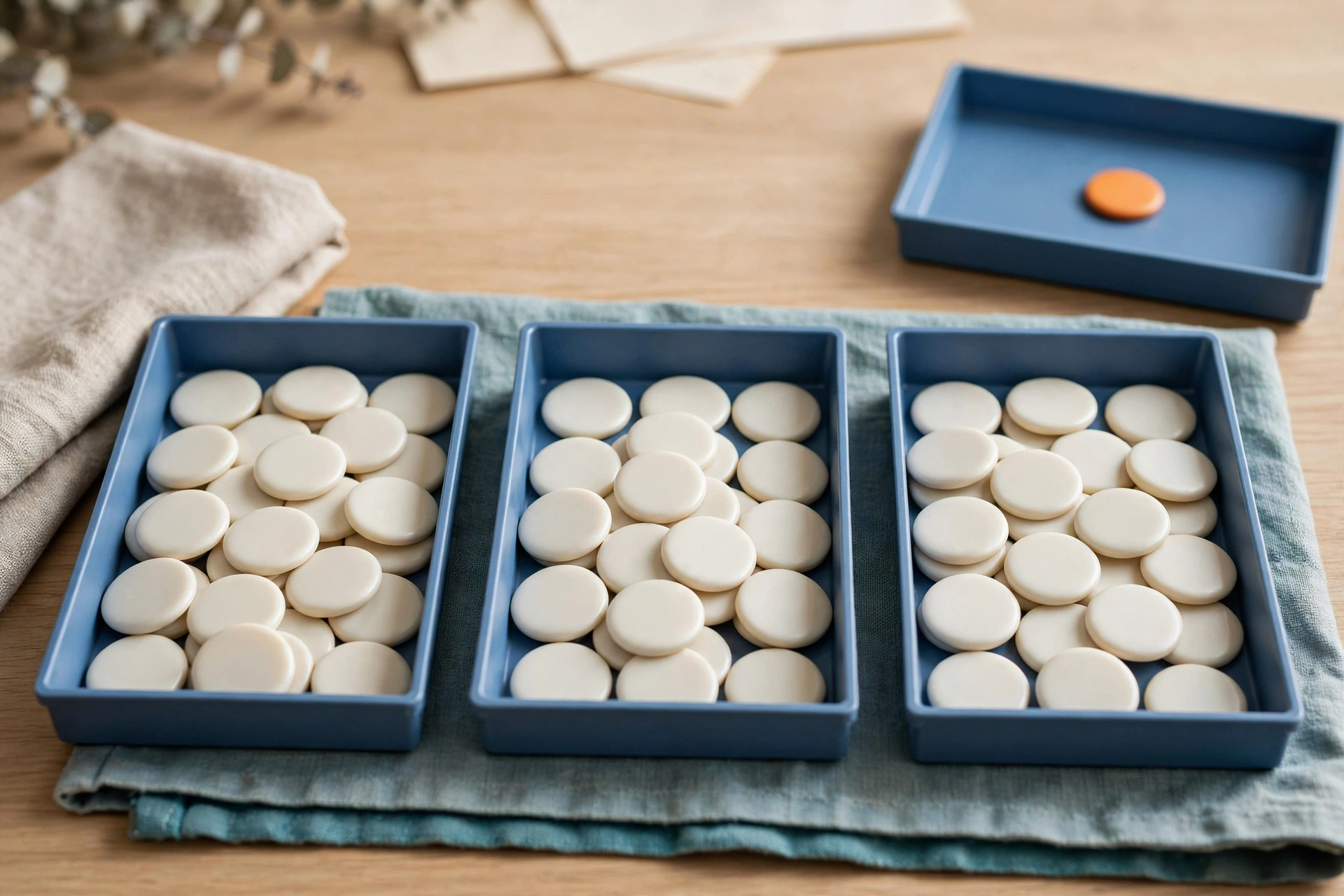 Three blue trays filled with white tokens are arranged on a teal cloth, with a fourth blue tray containing a single orange token to the right.
