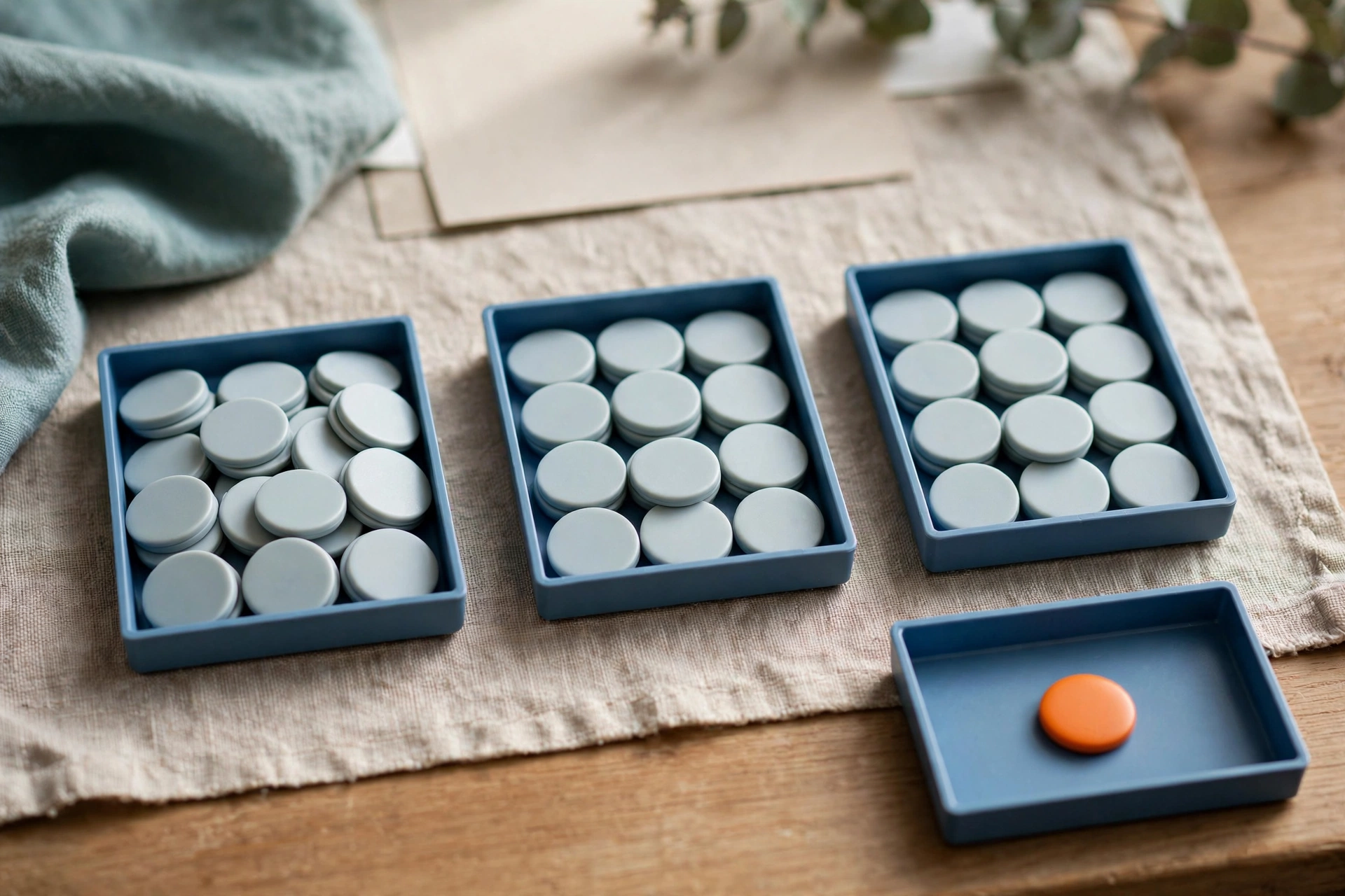 Three blue trays of blank tokens and one blue tray with an orange token are arranged on a textured surface.