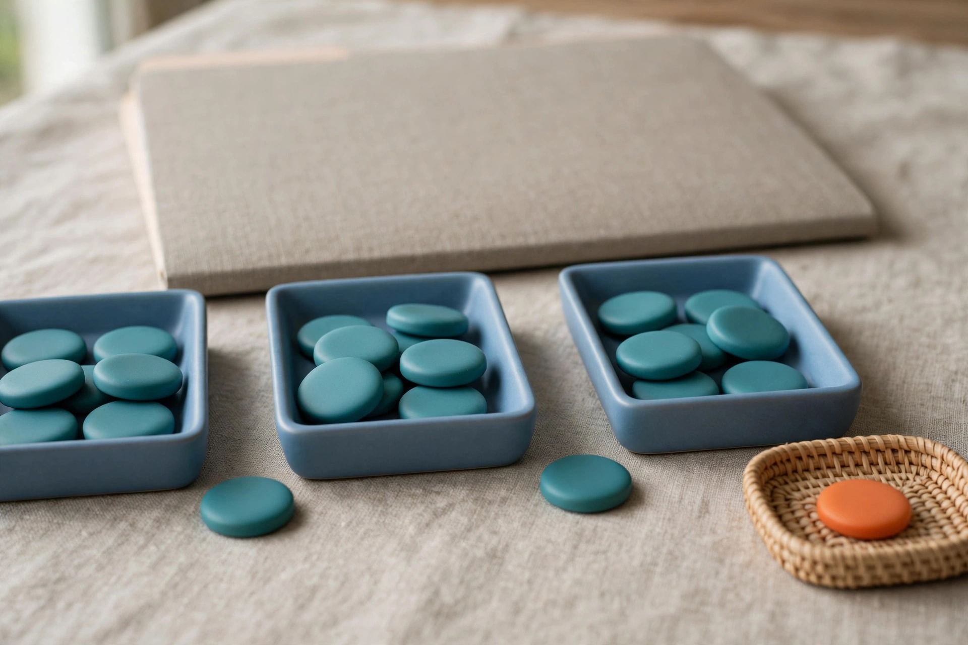 Three blue trays with teal tokens in a sequence and a small woven tray with an orange token, with a closed folder behind.
