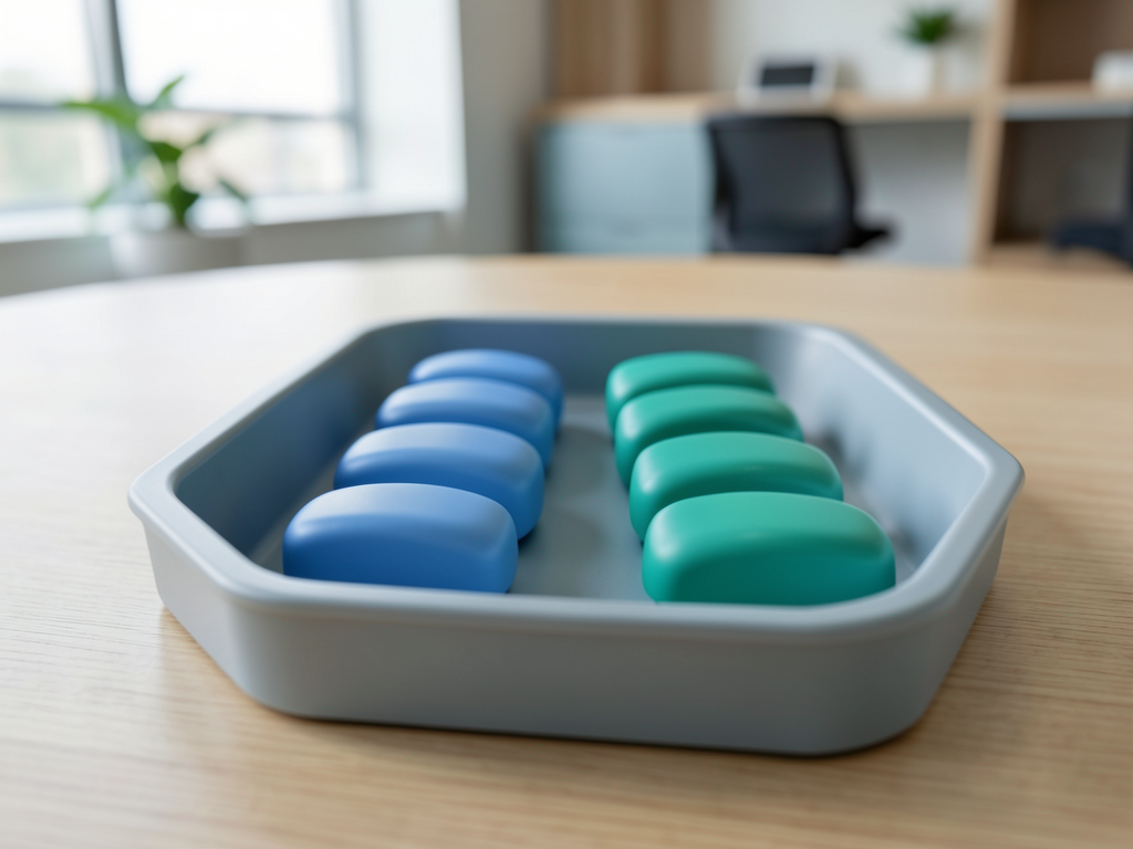 Two rows of blue and teal ceramic tokens are arranged in a tray on a wooden desk in an office setting.