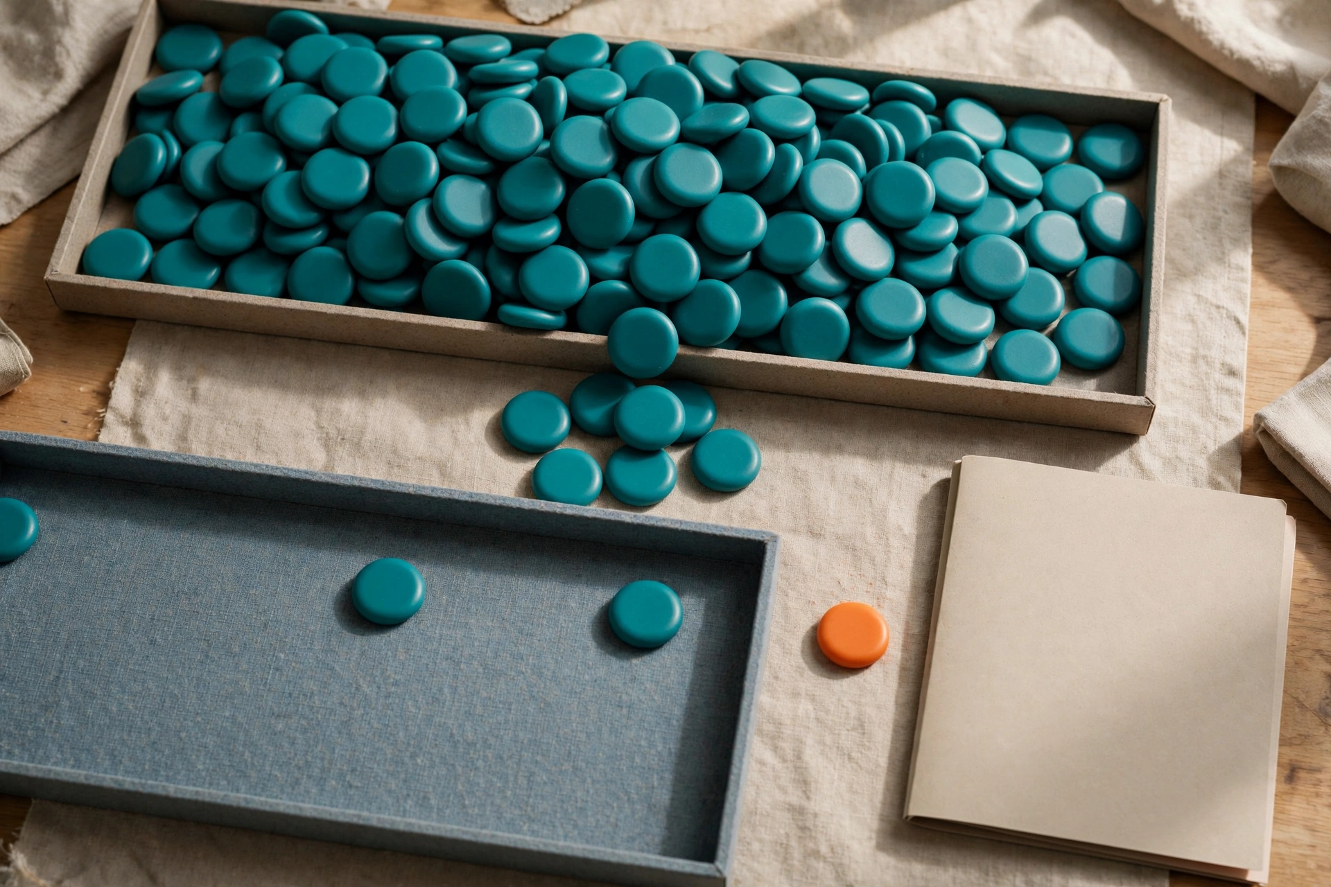 Teal tokens fill one tray, with a few tokens in another tray and an orange token beside a blank folder.