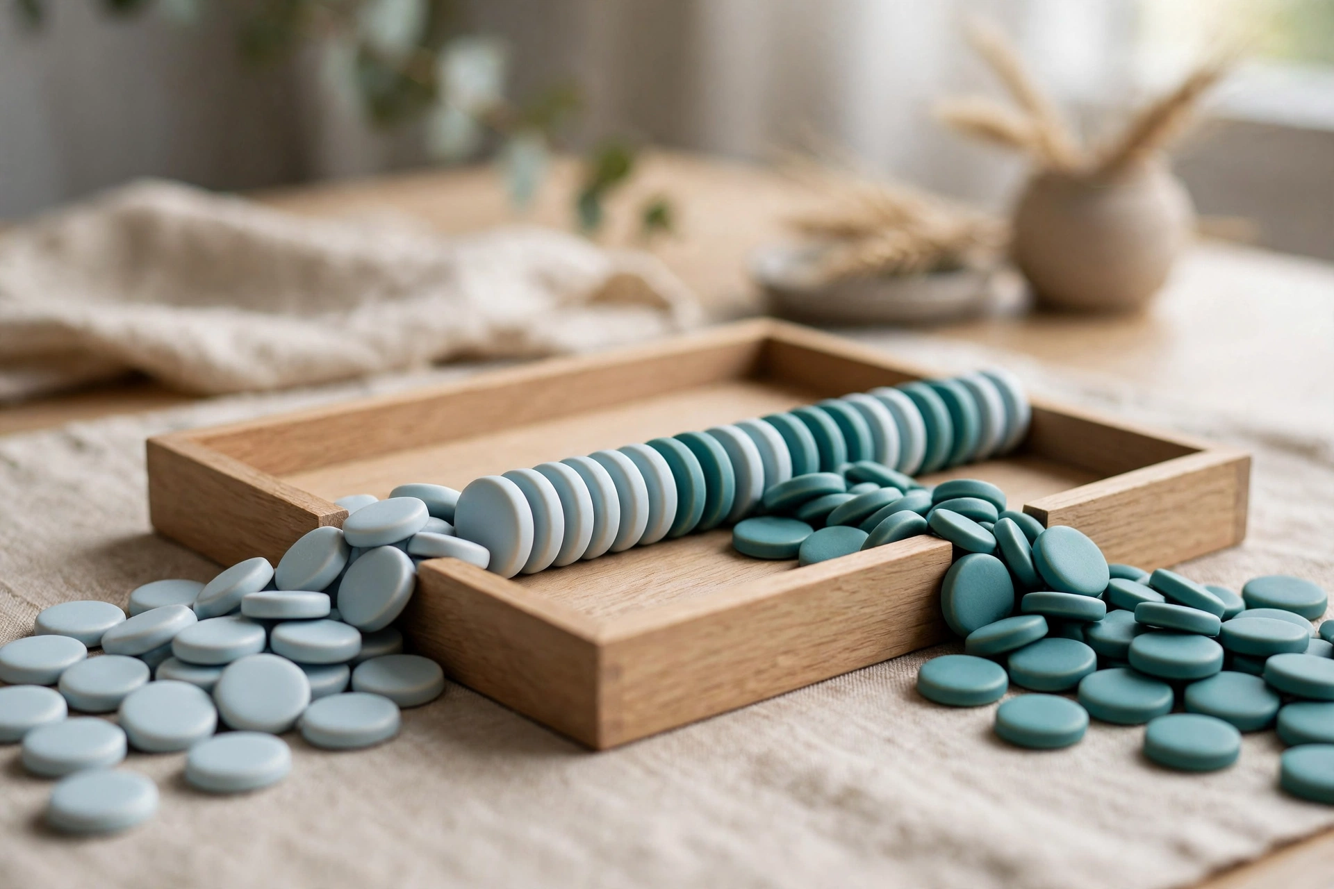 Two streams of smooth blank blue and teal ceramic tokens converge into one neat ordered row inside a central shallow sorting tray.