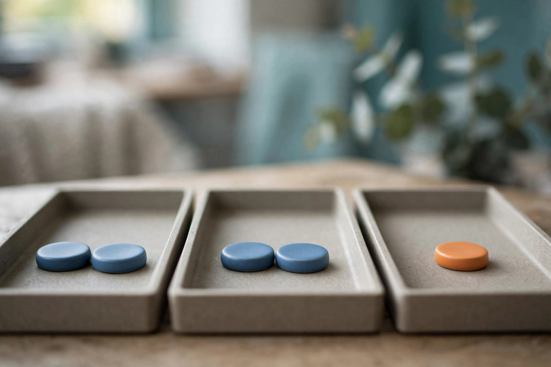 Three office sorting trays on a desk, two with matching blue tokens and one with an unmatched orange token.