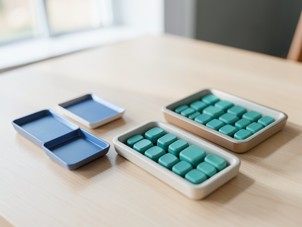 Three trays of tokens, two separate blue and teal, and one combined, are arranged on a wooden table.