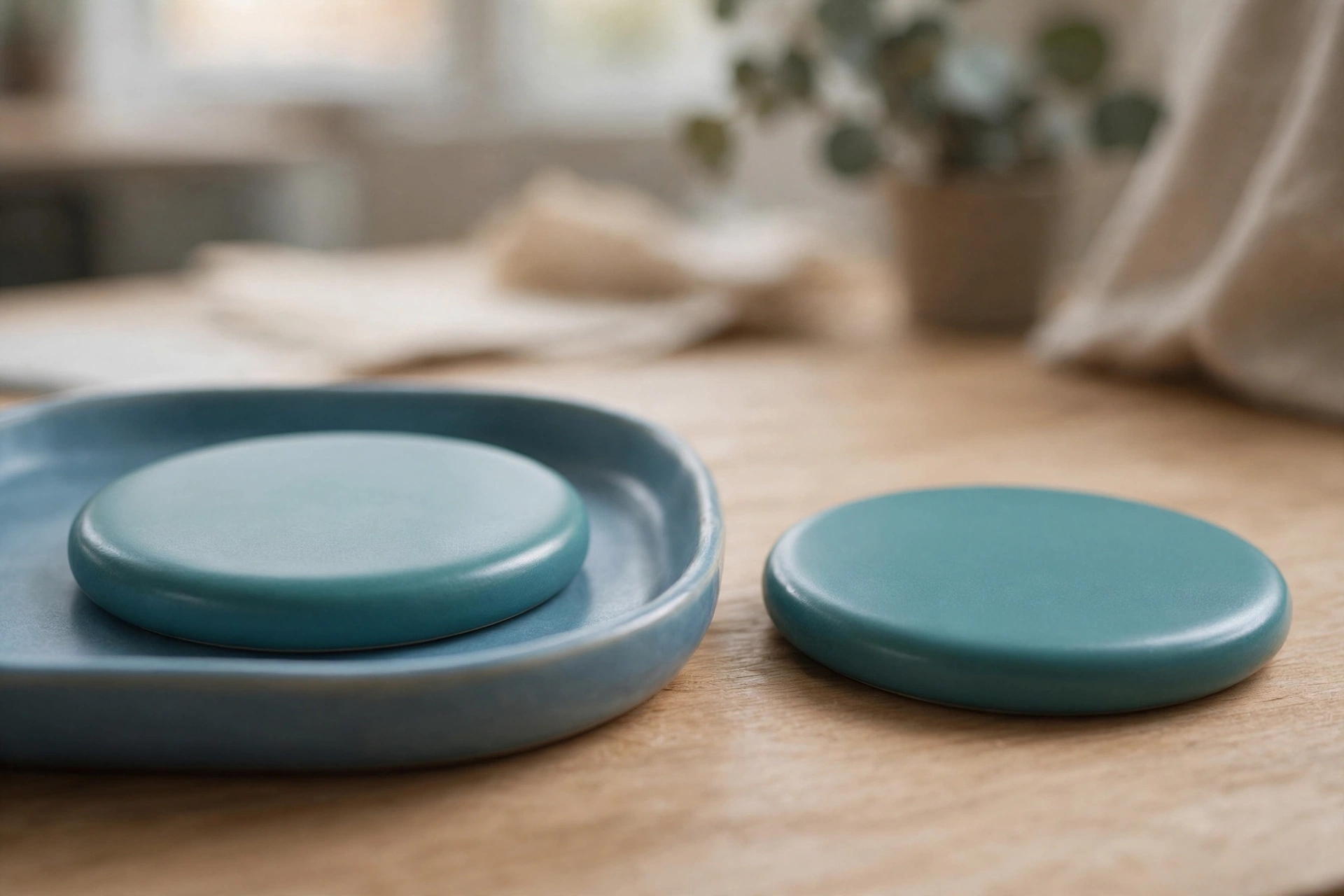Two identical teal discs are on a wooden desk; one sits in a blue tray, the other is separated beside it.