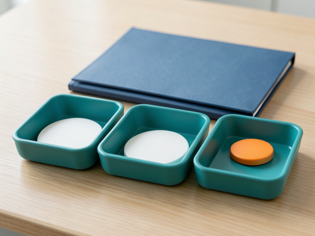 Three teal sorting trays with blank tokens and one orange token in an exception tray sit on a wooden desk behind a closed blue folder.