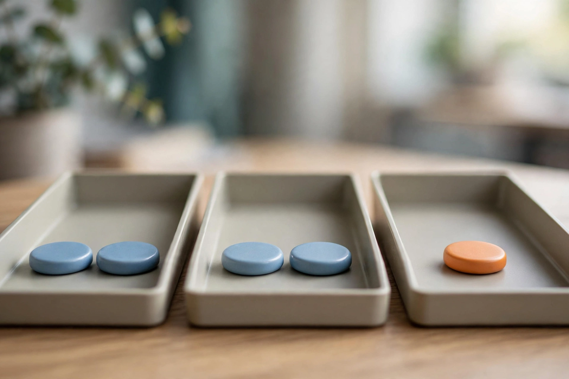 Three office sorting trays on a desk, two with pairs of blue tokens and one with an orange token.