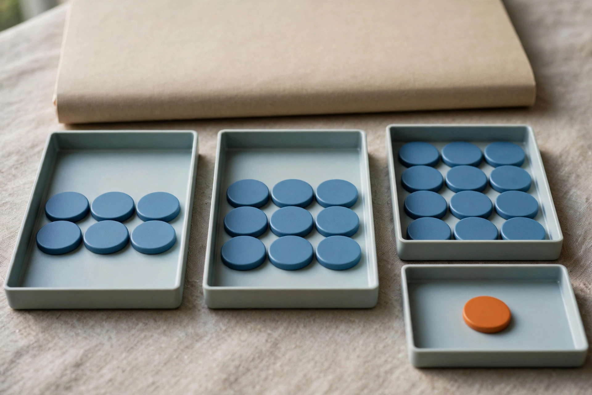 Three shallow office trays with blue tokens progress from left to right, with a fourth tray holding a single orange token, and a closed folder behind.