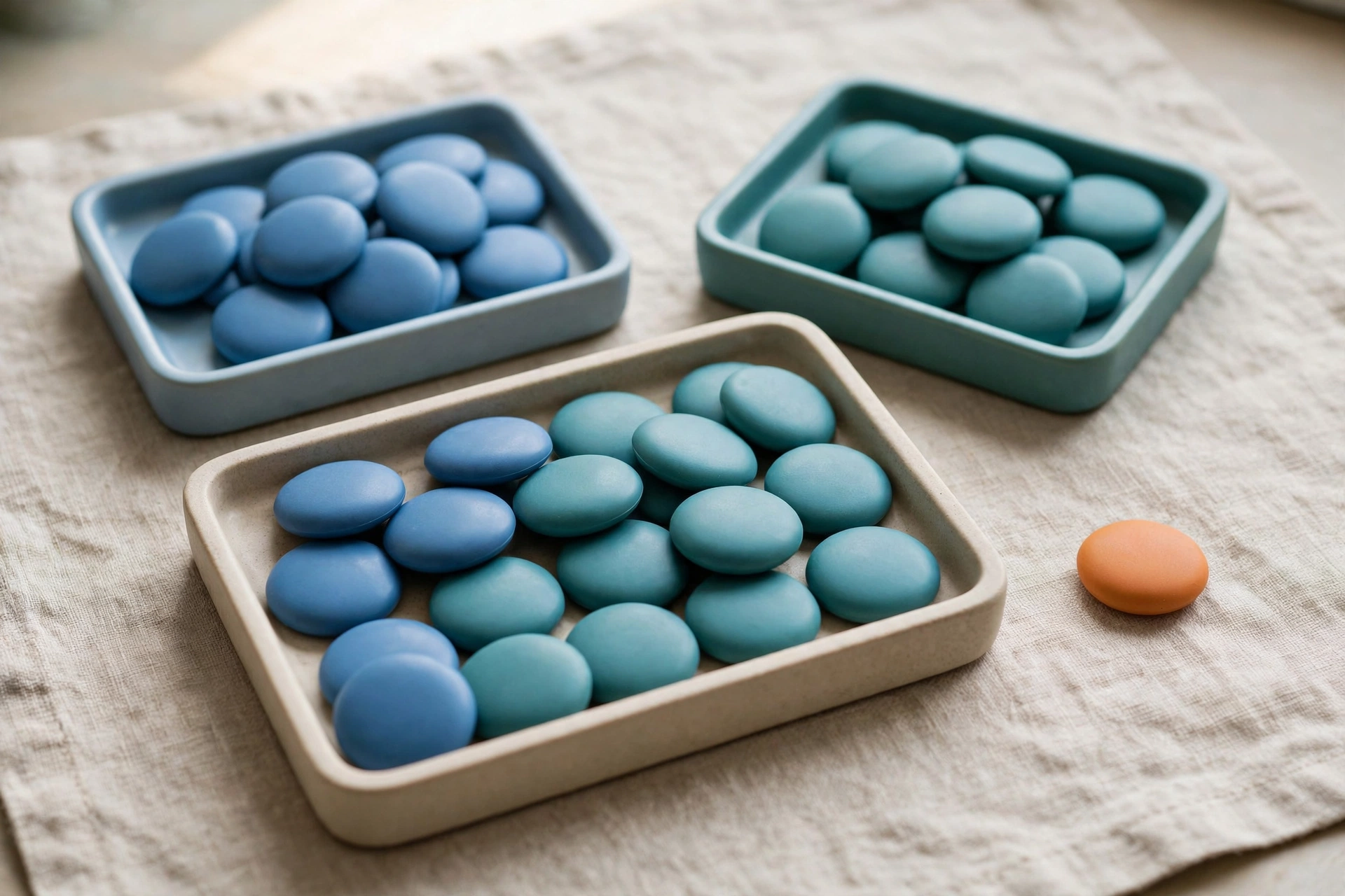 Two trays of blue and teal tokens converge into a single tray, with one orange token beside it on a textured surface.