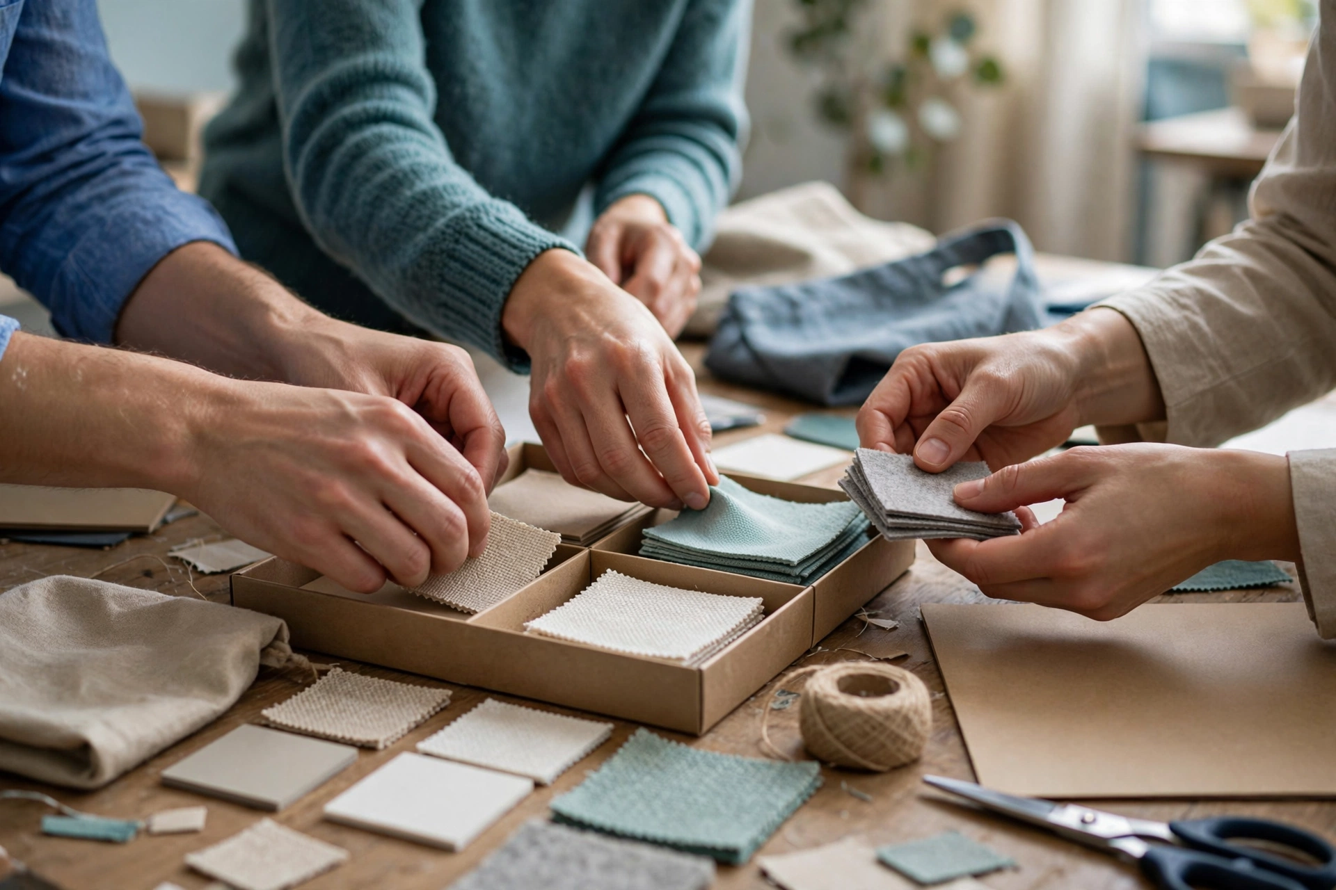 Three people's hands are visible as they arrange and examine fabric swatches on a wooden table in a well-lit room.