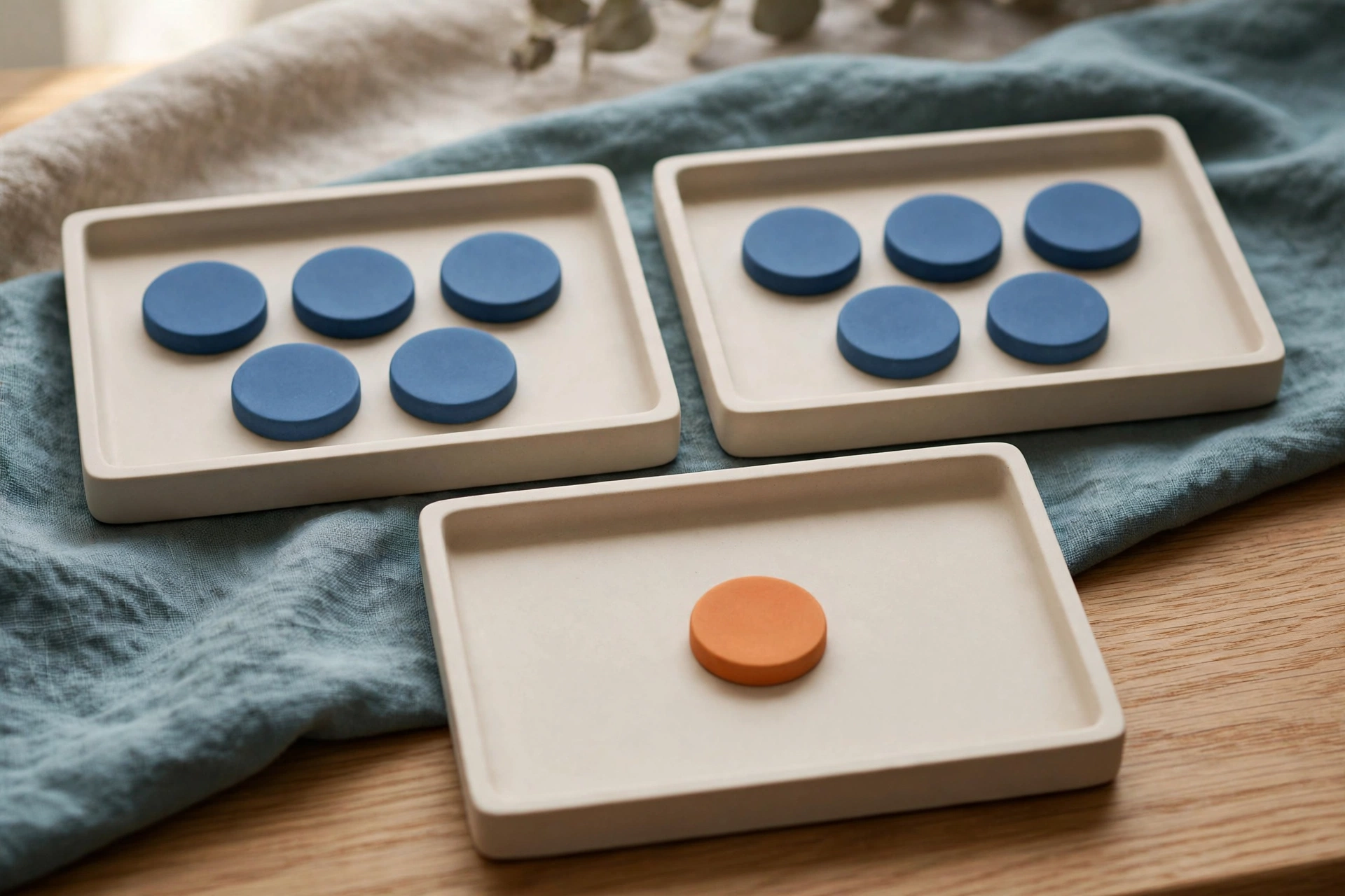Three shallow trays on a wooden surface with blue fabric. Two trays hold multiple blue tokens, while the third holds a single orange token.