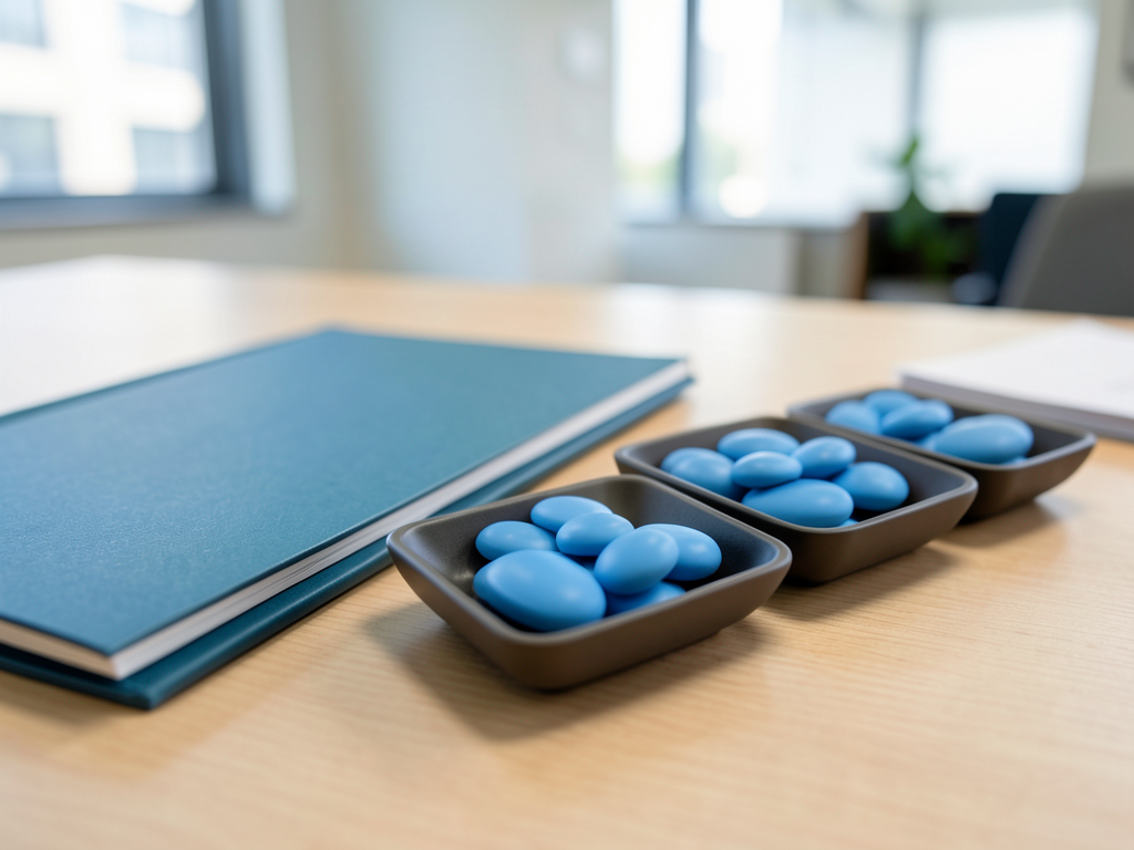 Three shallow trays of blue tokens are arranged in stages on a wooden desk next to a blue book, with a blurred office in the background.
