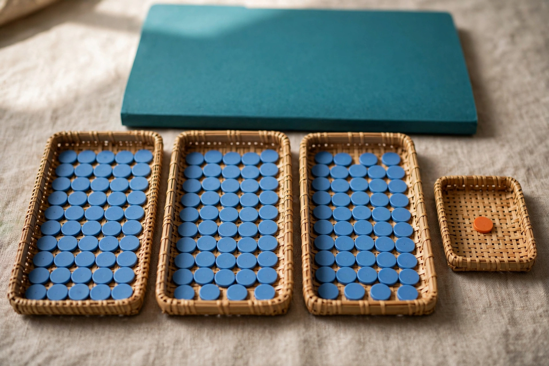 Three woven trays filled with blue tokens sit next to a small tray with one orange token, with a teal folder behind.