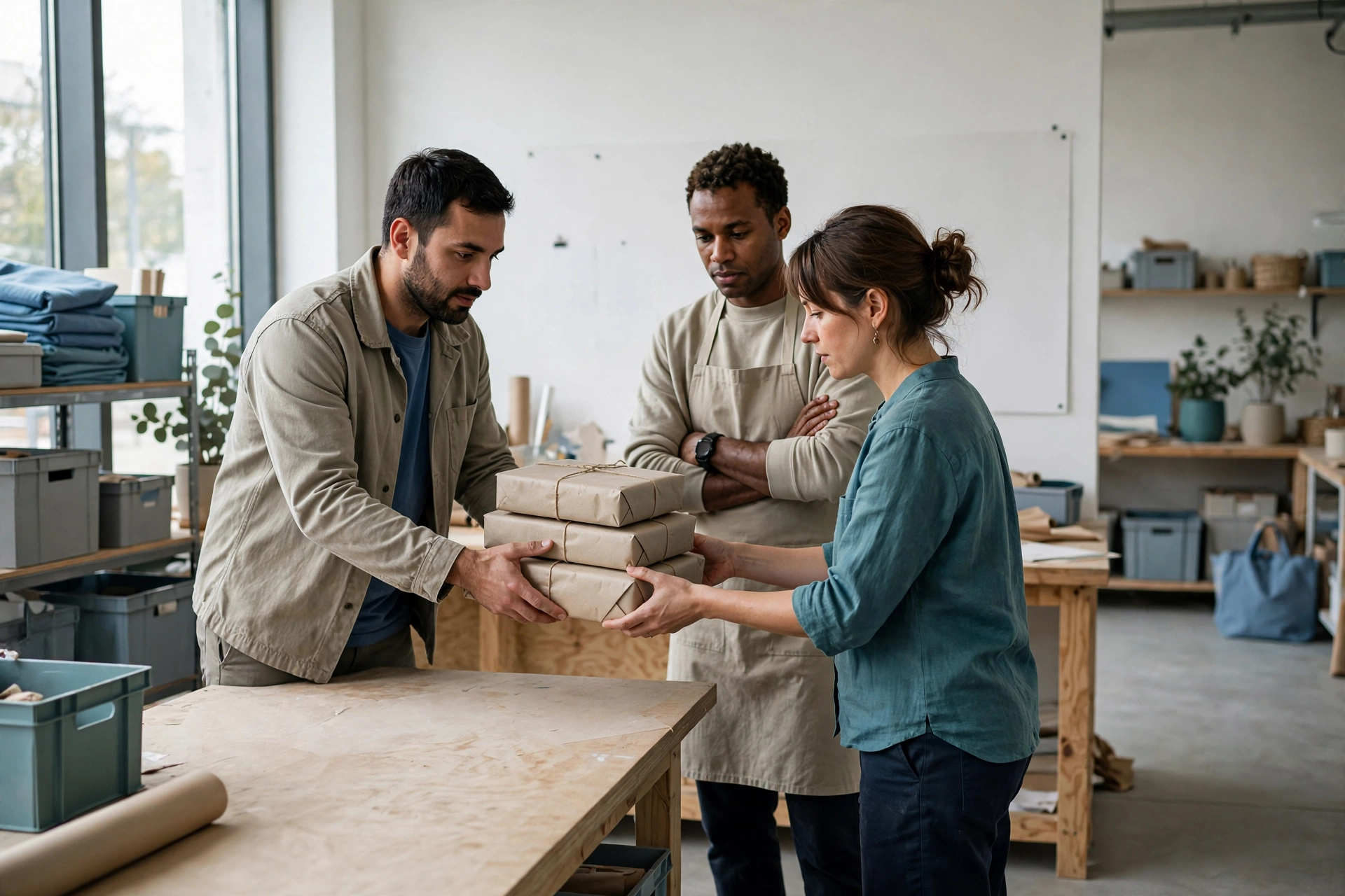 A man hands a stack of wrapped packages to a woman while another man watches in a studio setting.