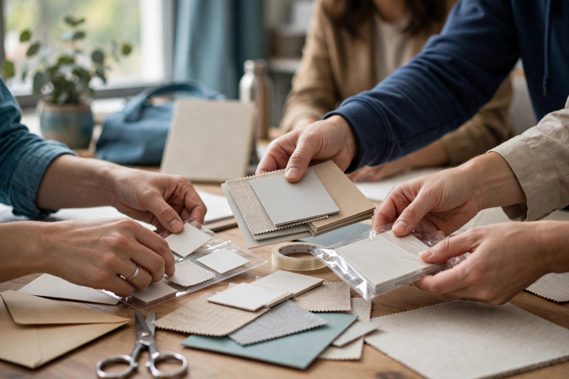 A small team of people are gathered around a table, examining and organizing fabric swatches for a customer meeting.
