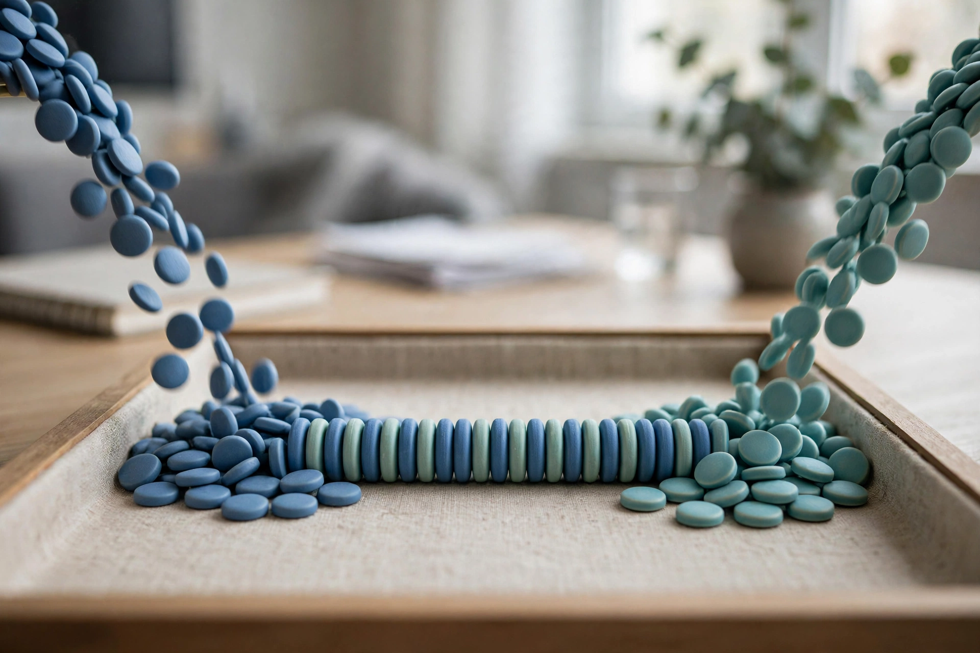 Two streams of blue and teal tokens converge into a single organized row in a tray on a desk.