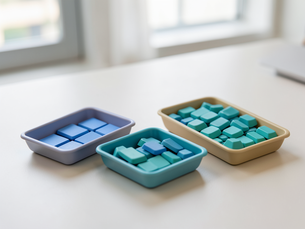 Three trays of tokens, two with separate blue and teal colors and one with a combined sequence of both colors, sit on a white surface.