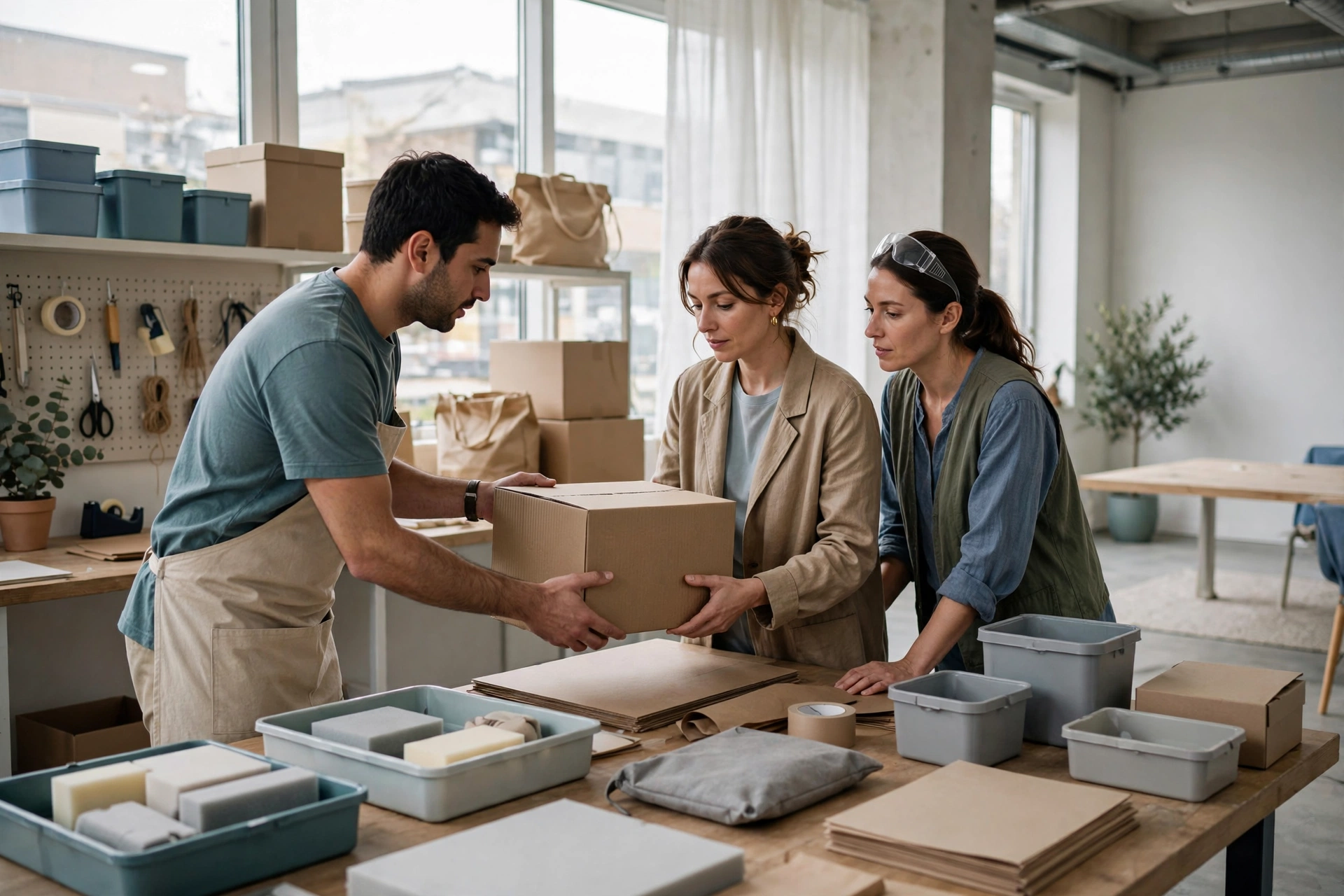 A man hands a box to two women in a studio, with packing materials and shelves in the background.