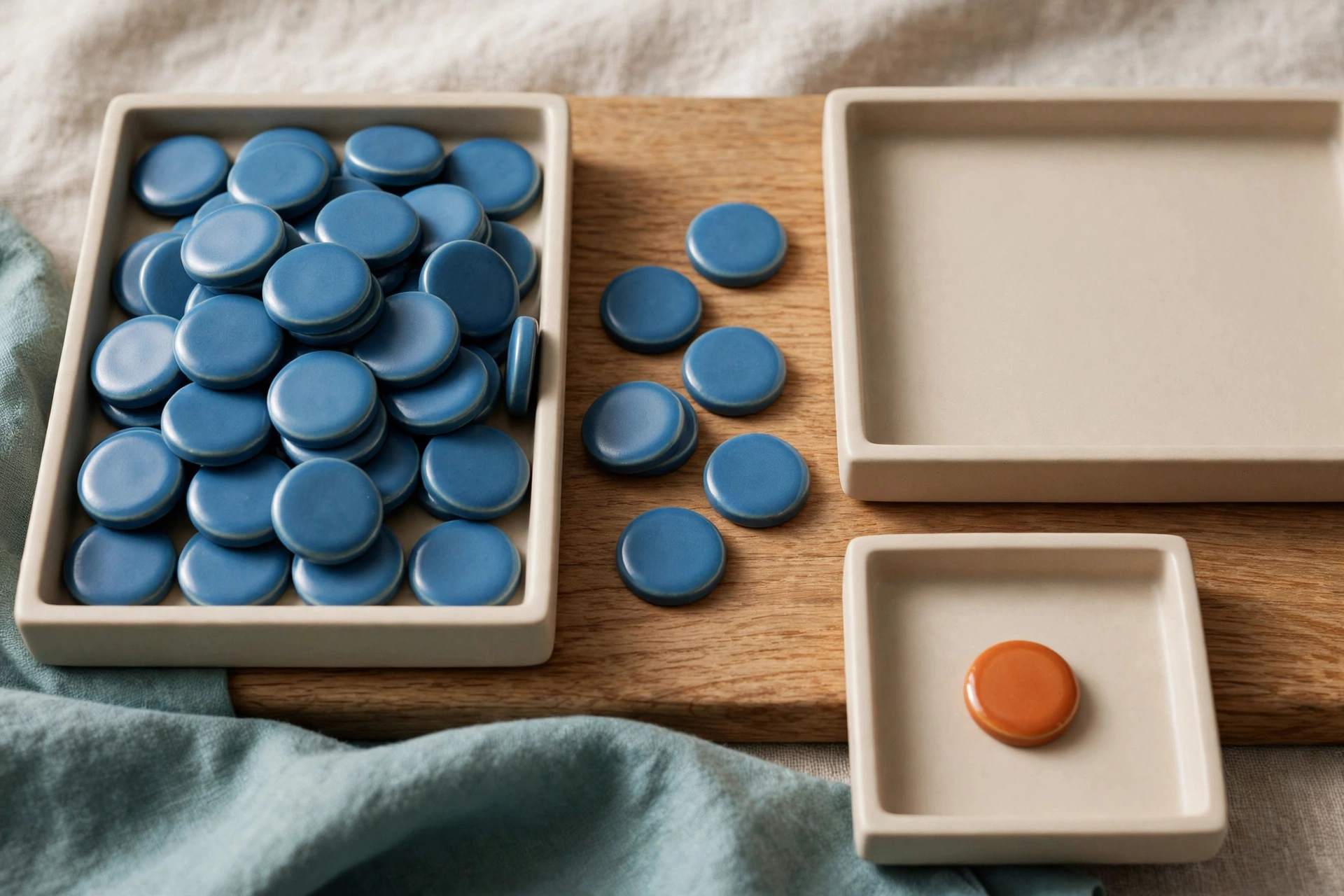 Three shallow trays hold blue ceramic tokens, with one small tray holding a single orange token on a wooden surface.