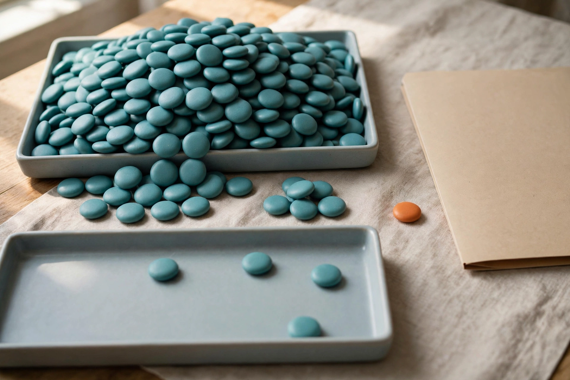 Teal tokens are in two trays, one overloaded and one partly empty, with a small group between them and an orange token near a folder.