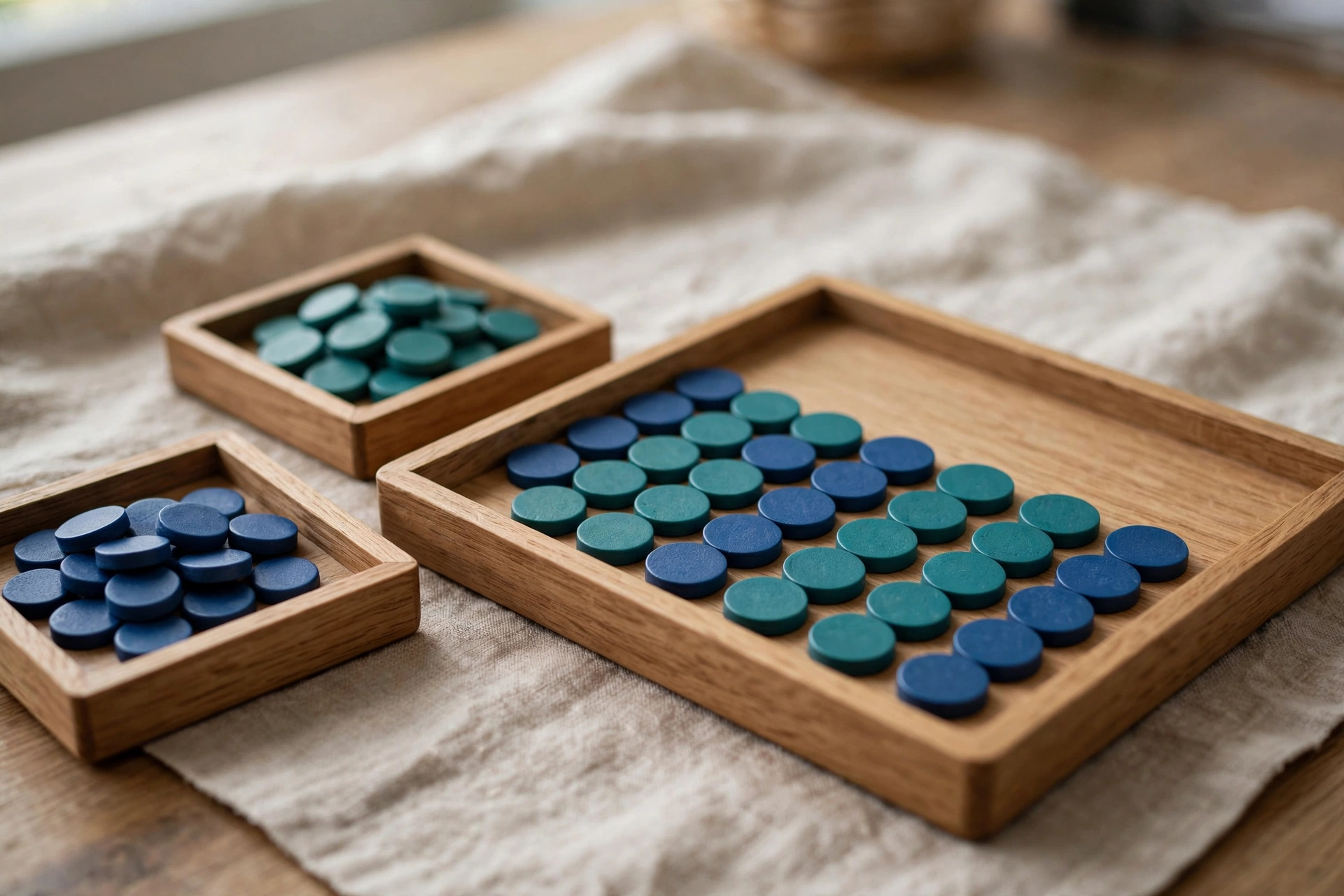 Two small wooden trays hold separate piles of blue and teal tokens, with a larger tray showing a neat sequence of both colors combined.