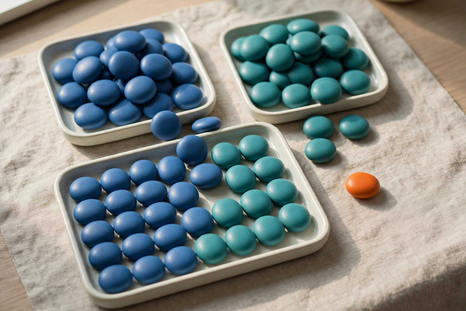 Two trays of blue and teal tokens converge into a single tray, with one orange token beside them on a textured surface.