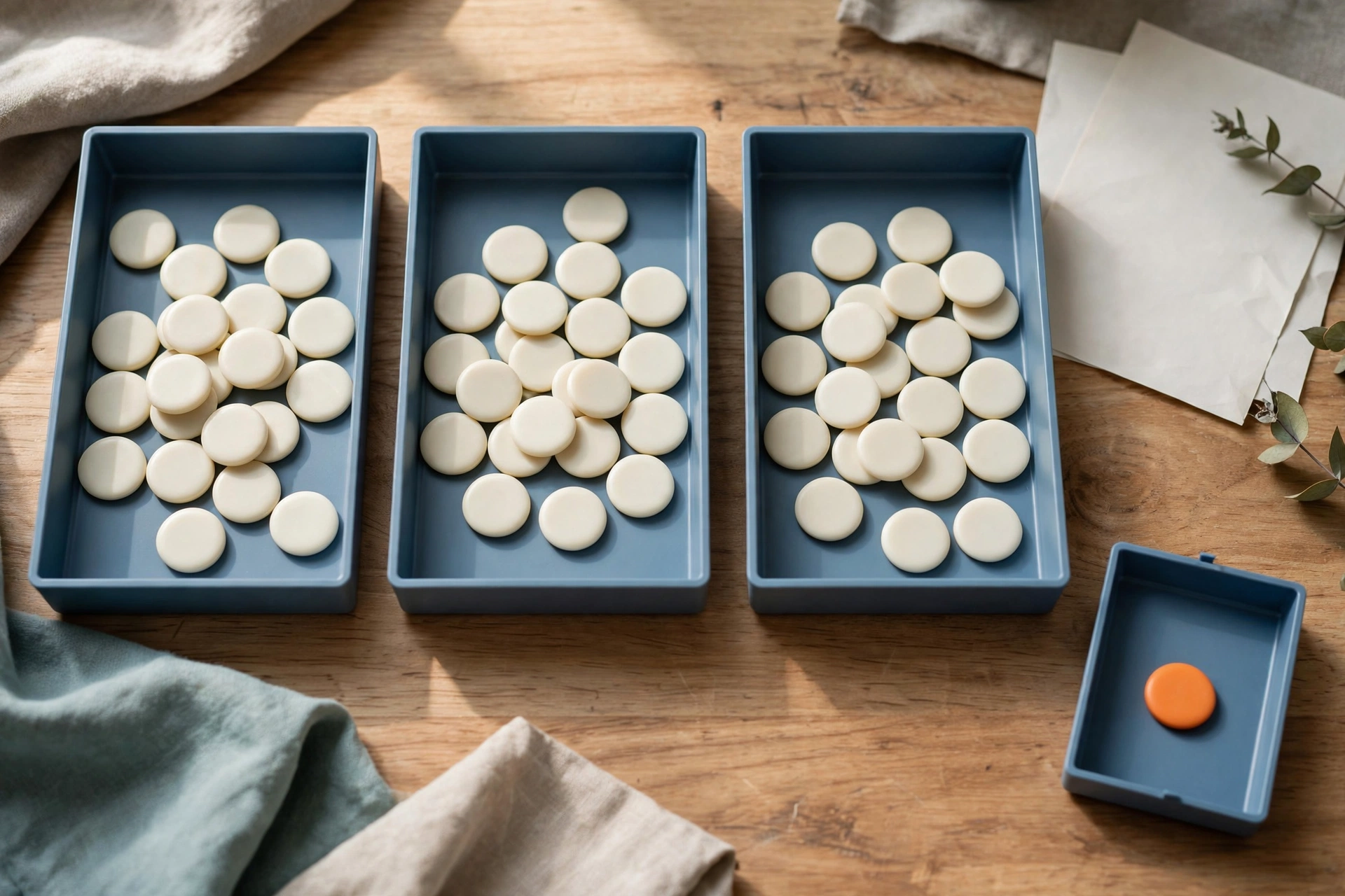 Three blue trays hold white tokens in ordered stages, with a separate blue tray containing one orange token.