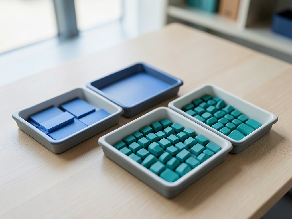 Three trays of tokens, two with separate blue and teal colors and one with a combined sequence of both colors, are arranged on a wooden surface.