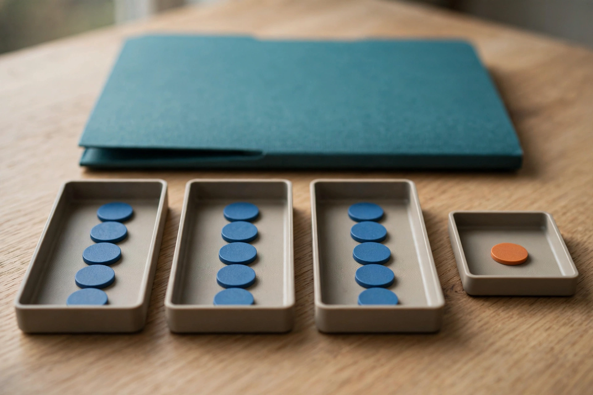 Blue tokens are distributed in three trays, with one orange token in a separate tray behind a teal folder.
