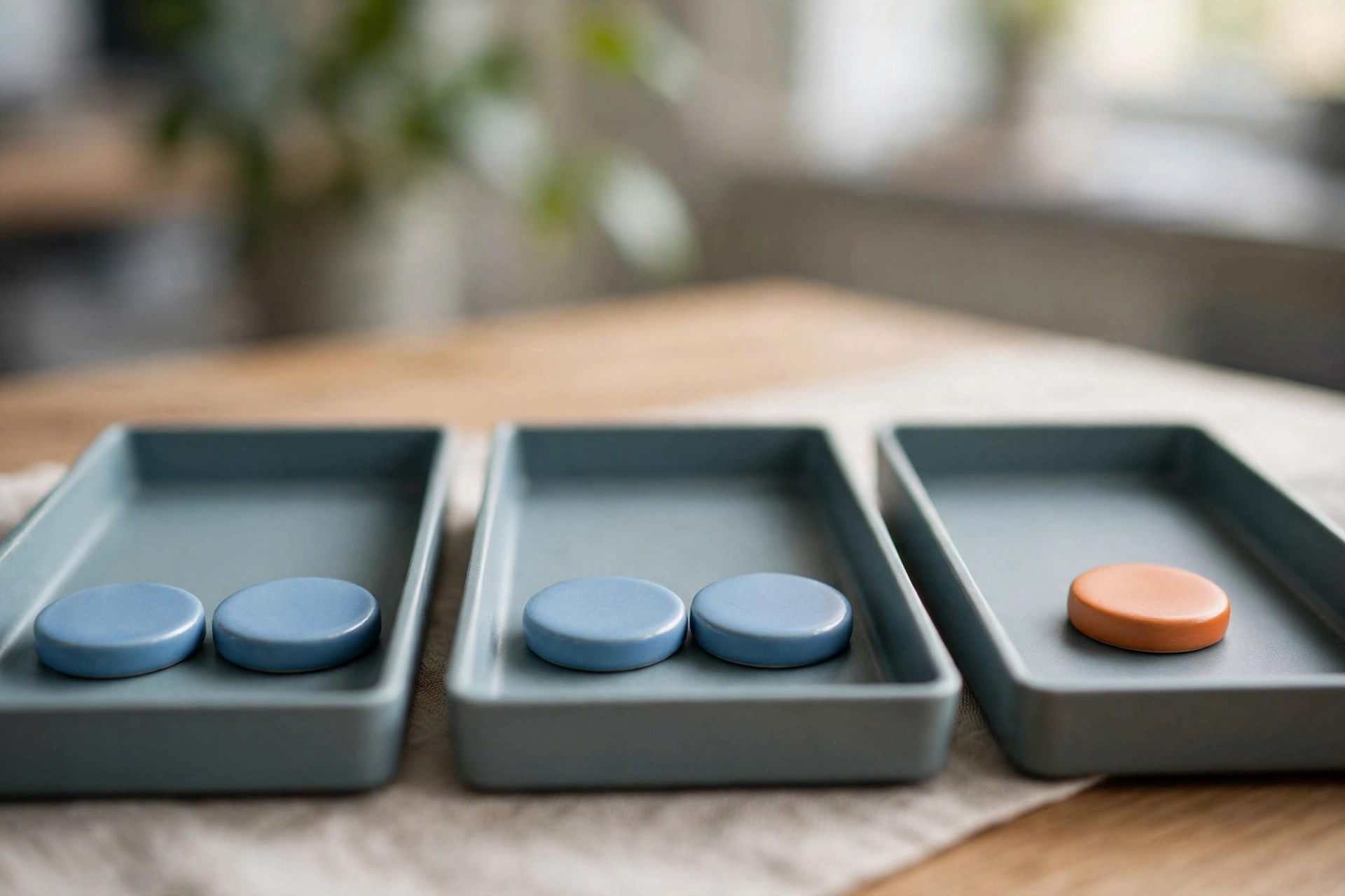 Three office sorting trays sit on a desk, two with blue tokens and one with an orange token, symbolizing reconciliation.
