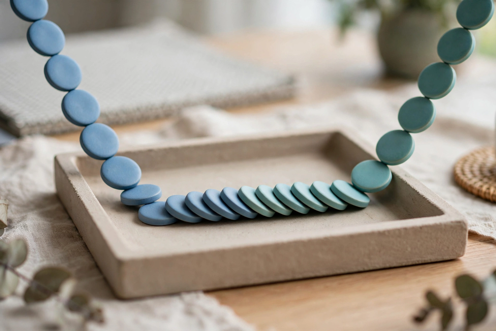 Two streams of blue and teal ceramic tokens converge into one neat ordered row inside a shallow sorting tray.