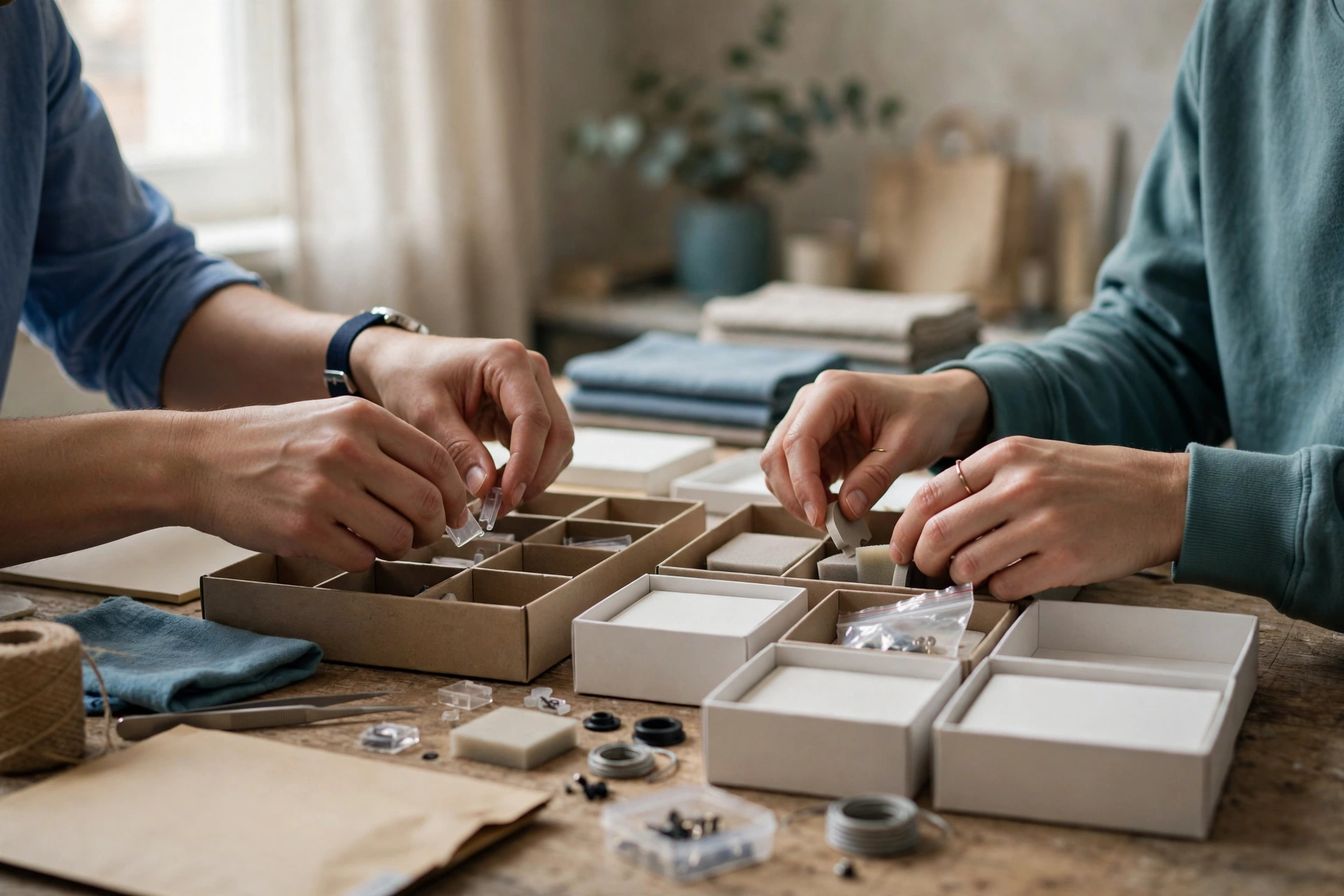 Two colleagues' hands are visible as they sort small items into compartments on a wooden table in a studio setting.