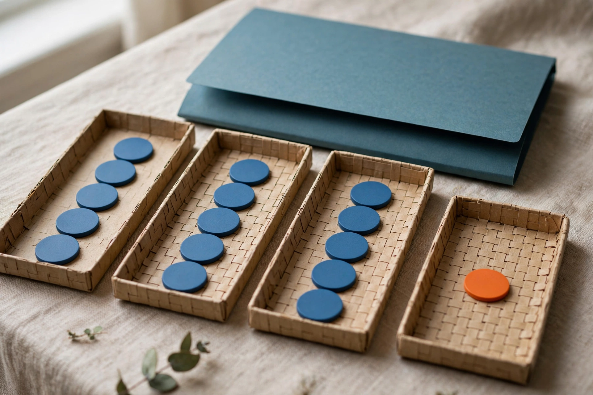 Four shallow trays with blue tokens progress from left to right, with one orange token in the rightmost tray, and a closed folder behind.