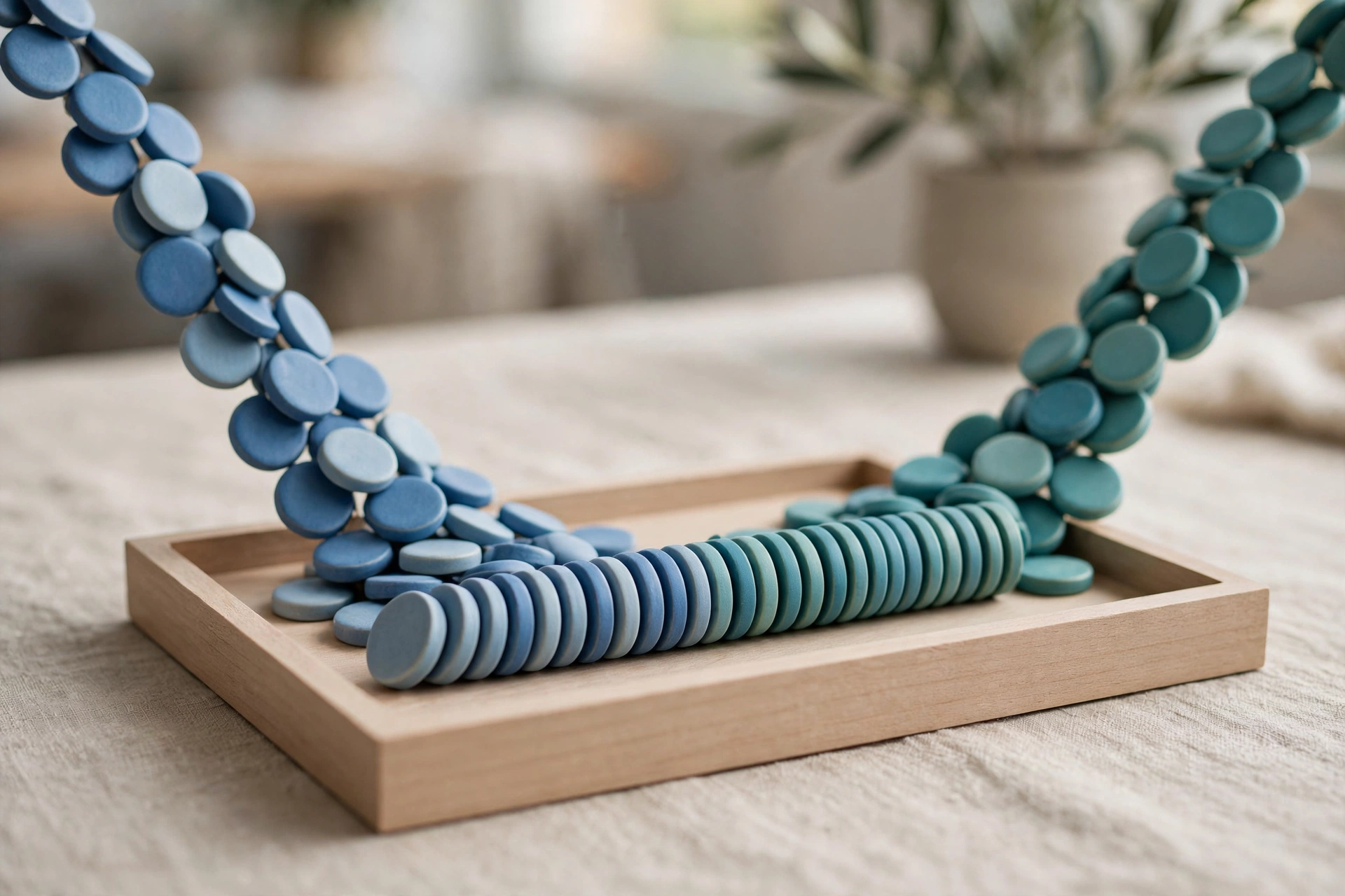 Two streams of blue and teal tokens converge into a neat row within a wooden sorting tray on a textured surface.