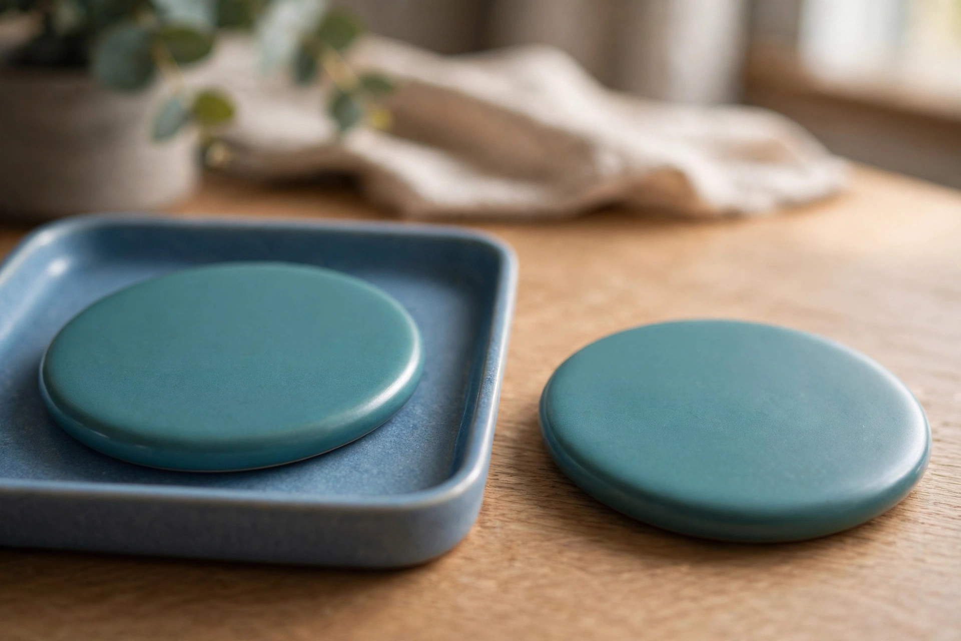 Two identical teal discs are shown on a wooden desk; one disc is inside a blue tray, and the other is placed separately beside it.