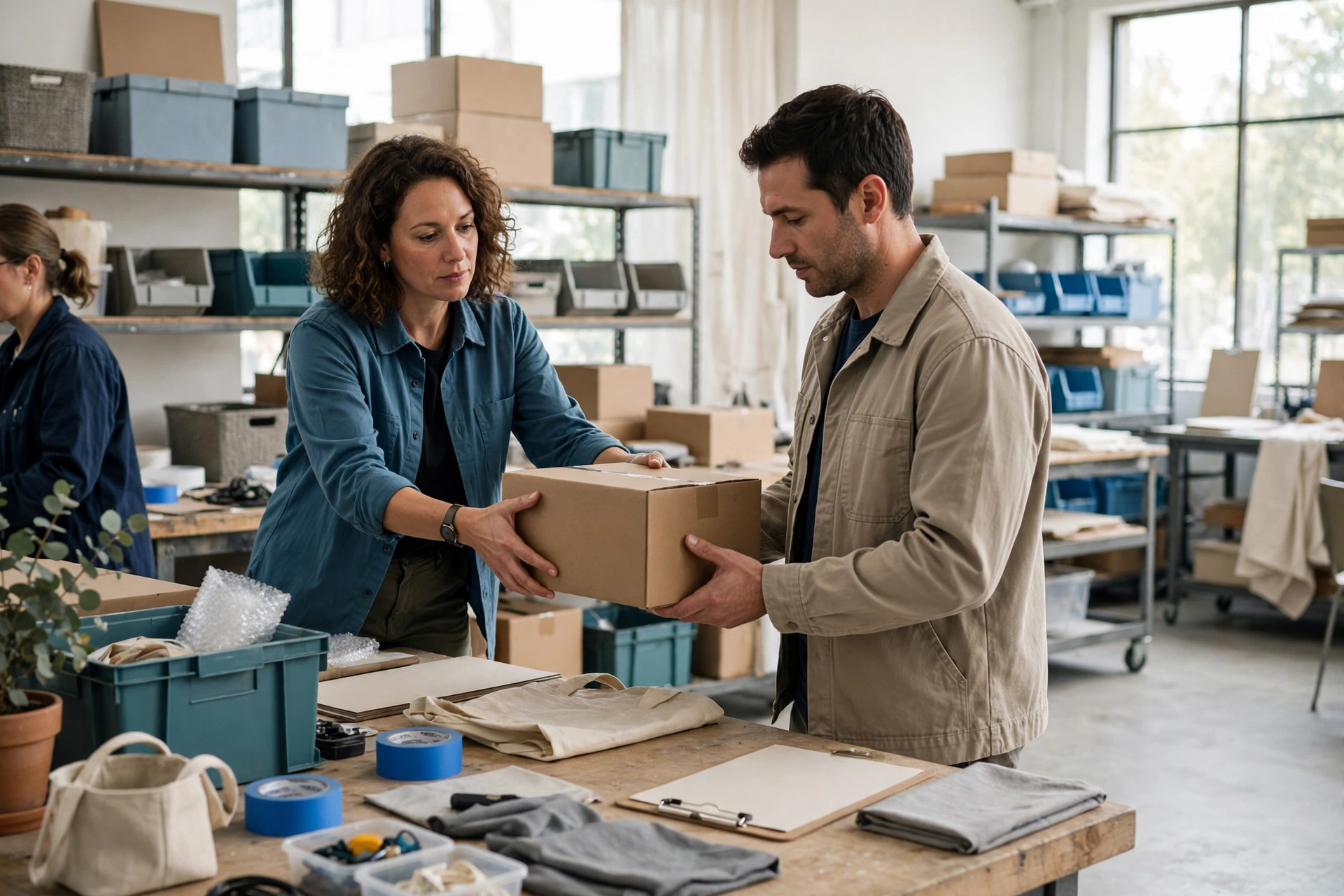 A woman hands a cardboard box to a man in a bright studio with shelves of supplies in the background.