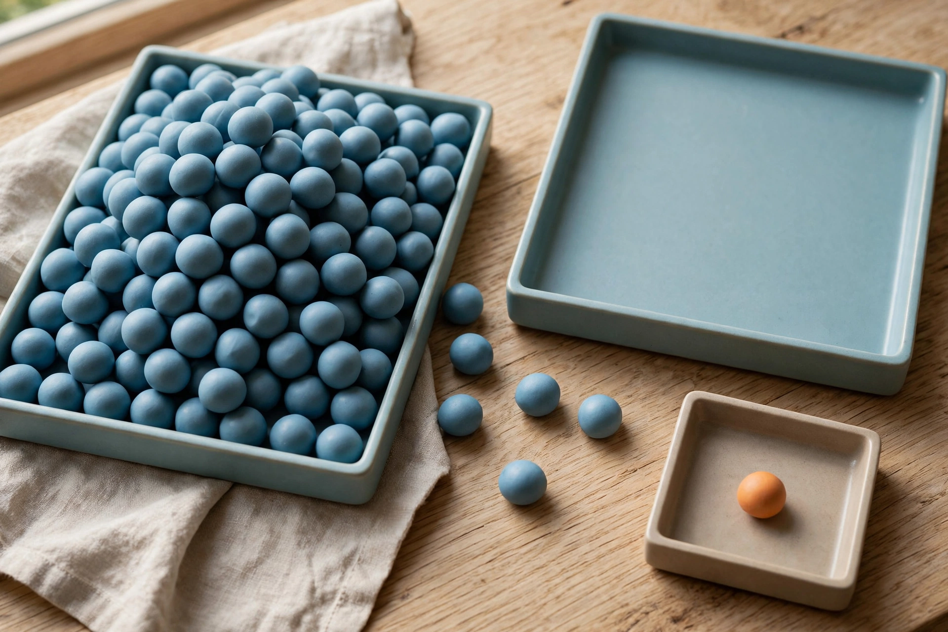 Three shallow trays hold blue ceramic tokens, with one tray containing an orange token, arranged on a wooden surface.