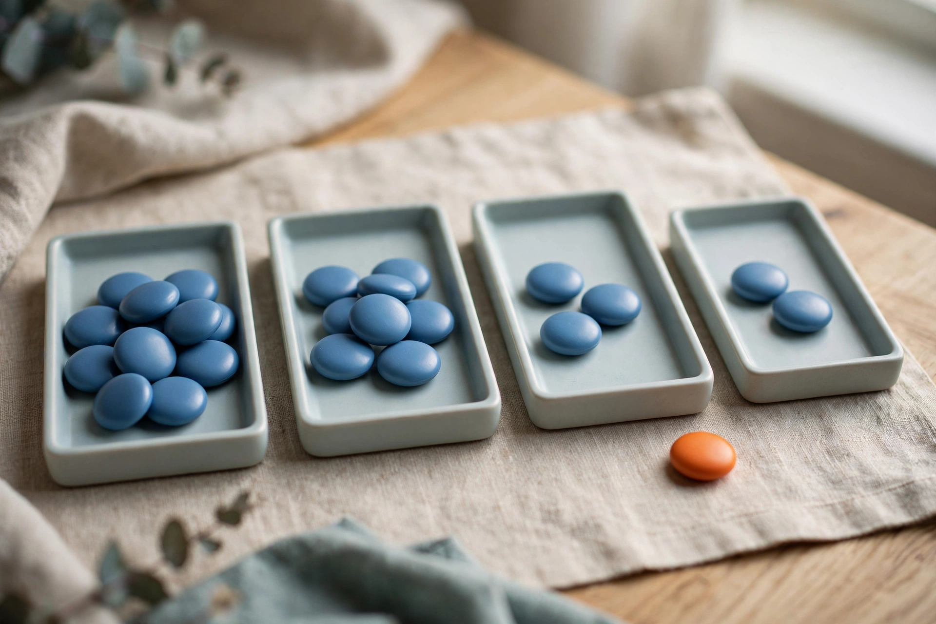 Four shallow trays with blue tokens and one orange token are arranged on a cloth, representing sales stages and a stalled opportunity.