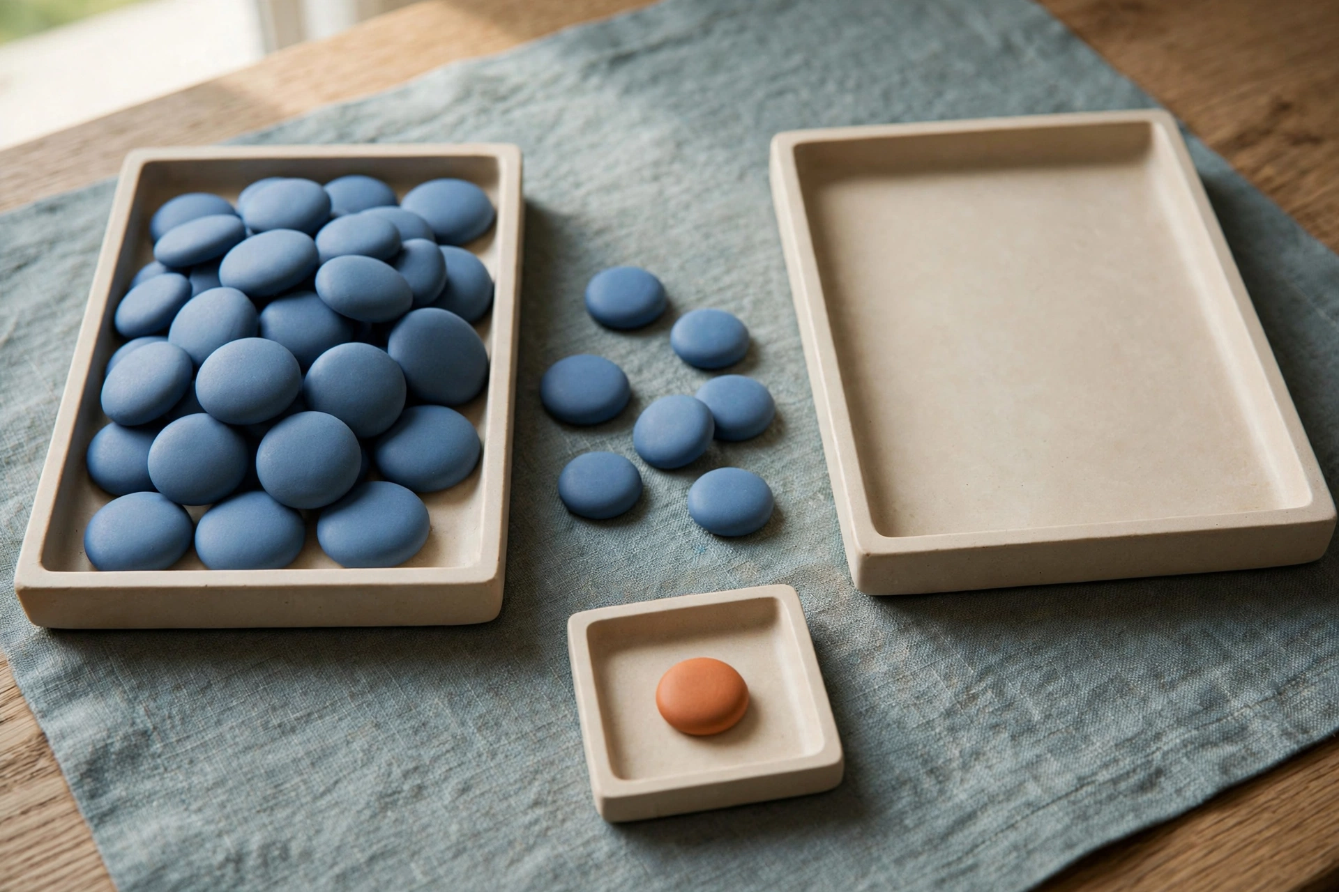 Three shallow trays with blue tokens and one small tray with an orange token are arranged on a textured cloth.
