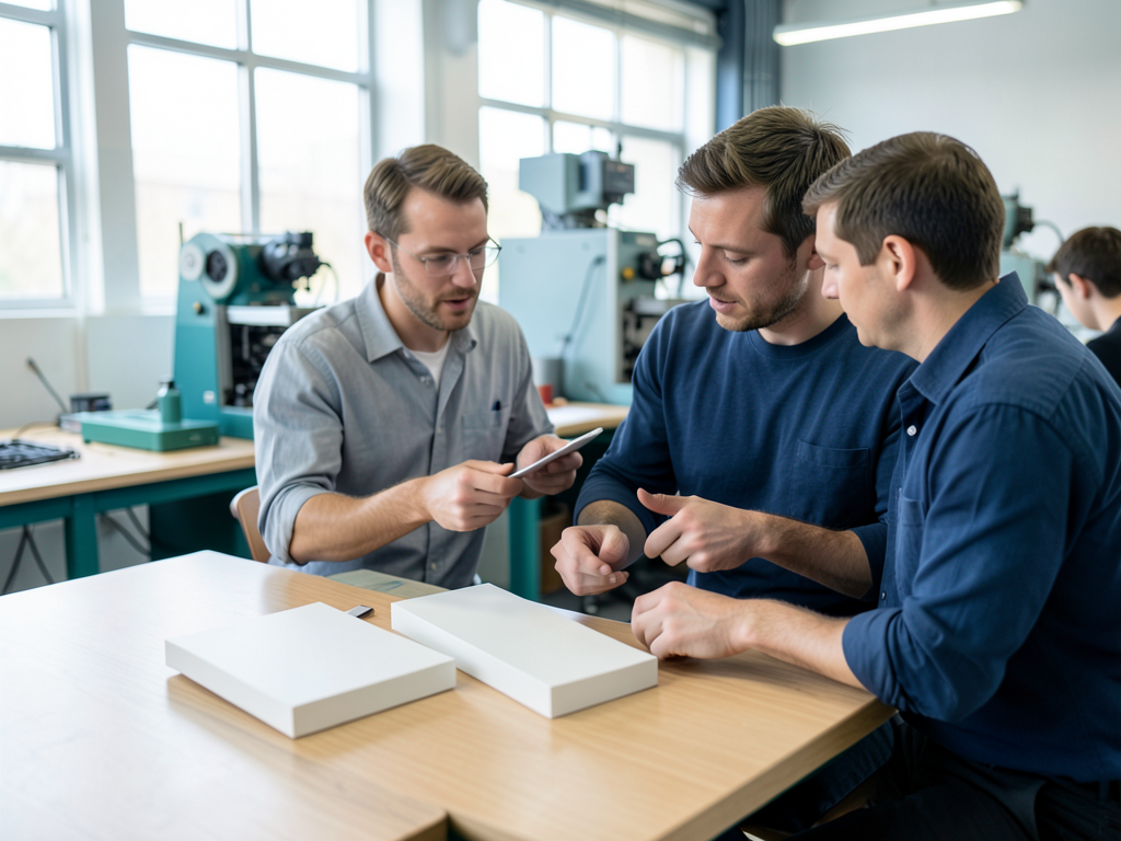 Three men compare unmarked parts at a clean assembly station with machinery in the background.