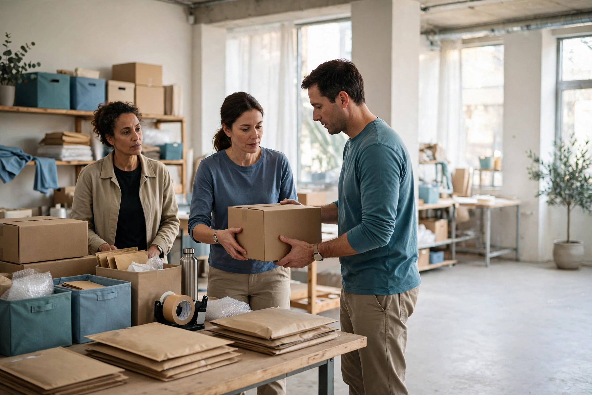 A man hands a box to a woman while another woman watches in a bright studio with shelves of materials.