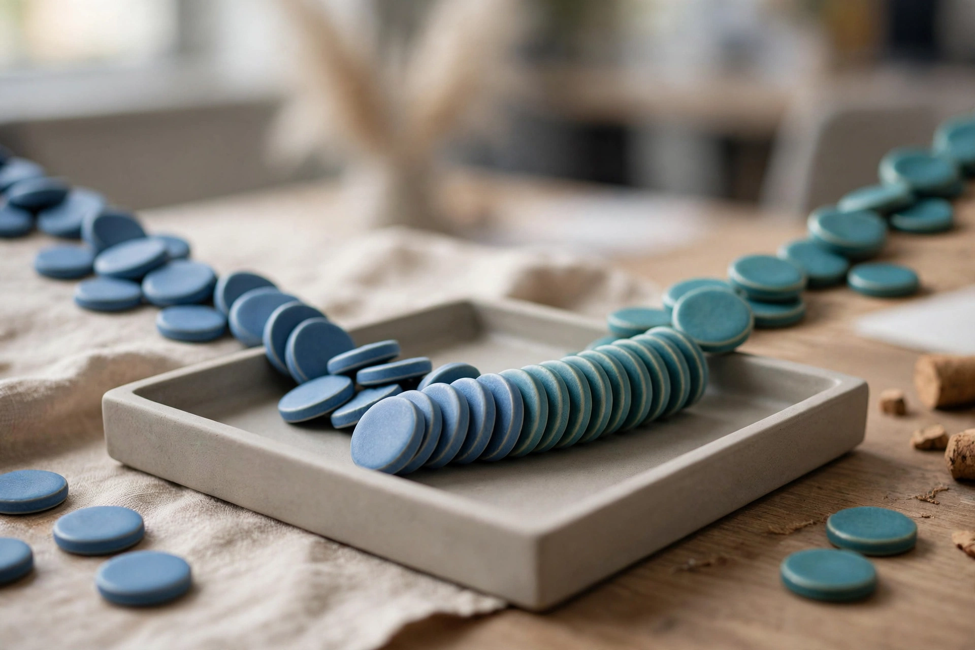 Two streams of blue and teal ceramic tokens converge into a single ordered row within a shallow sorting tray on a wooden surface.