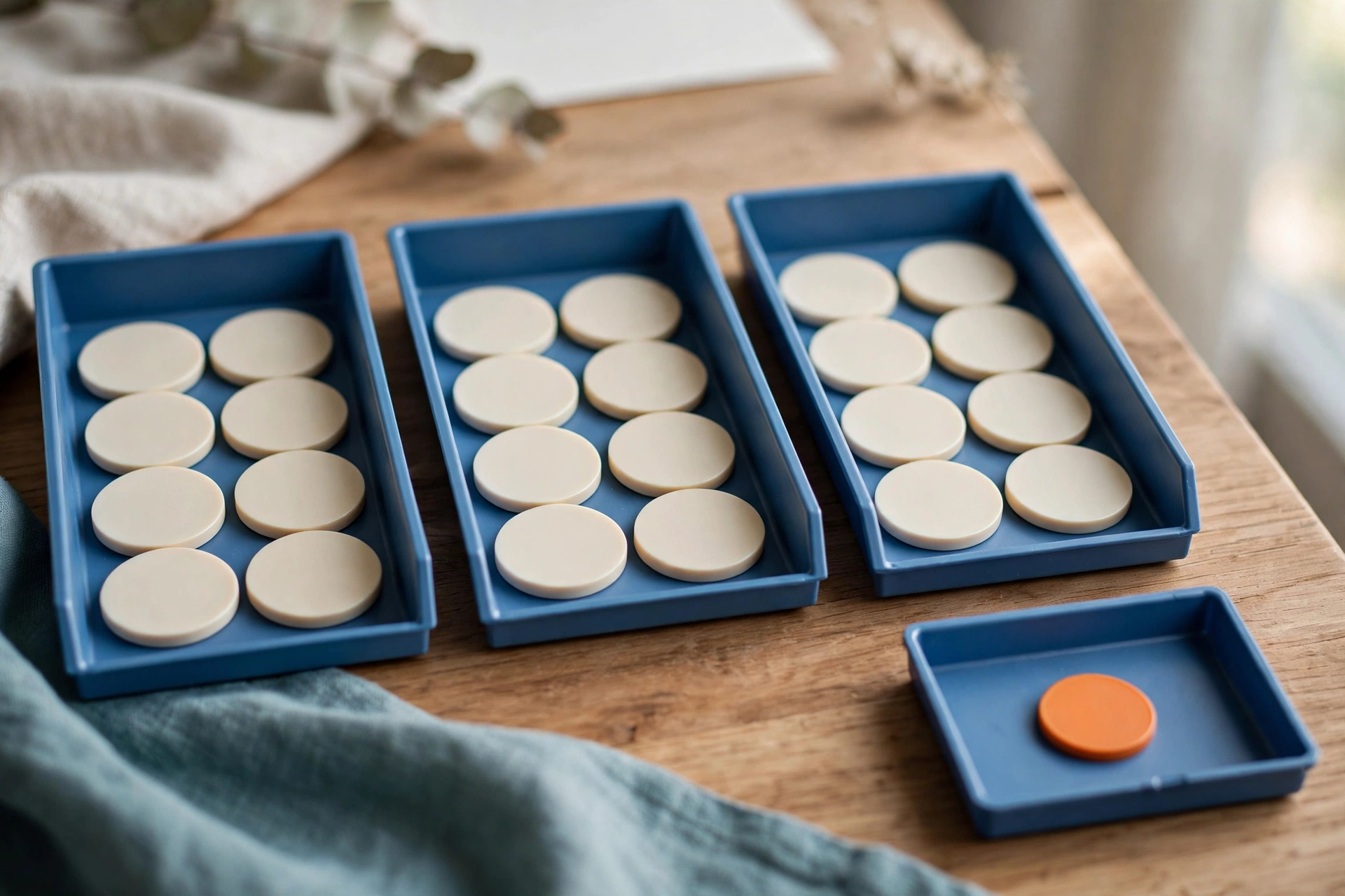 Three blue sorting trays hold blank tokens in ordered stages, with a separate blue tray holding one orange token to the right.